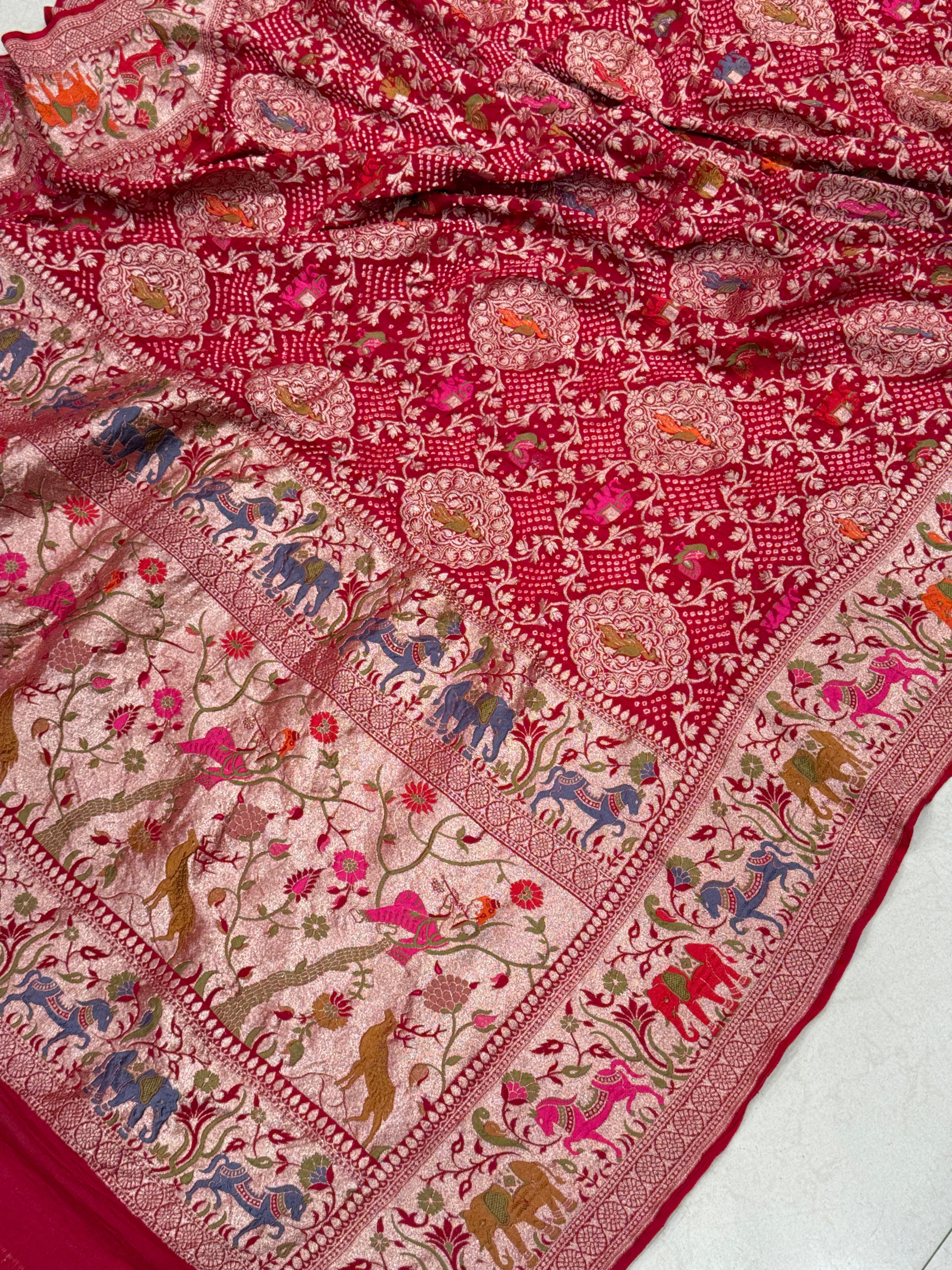 Red Shikargah Meenakari Rai Bandhej Georgette Dupatta