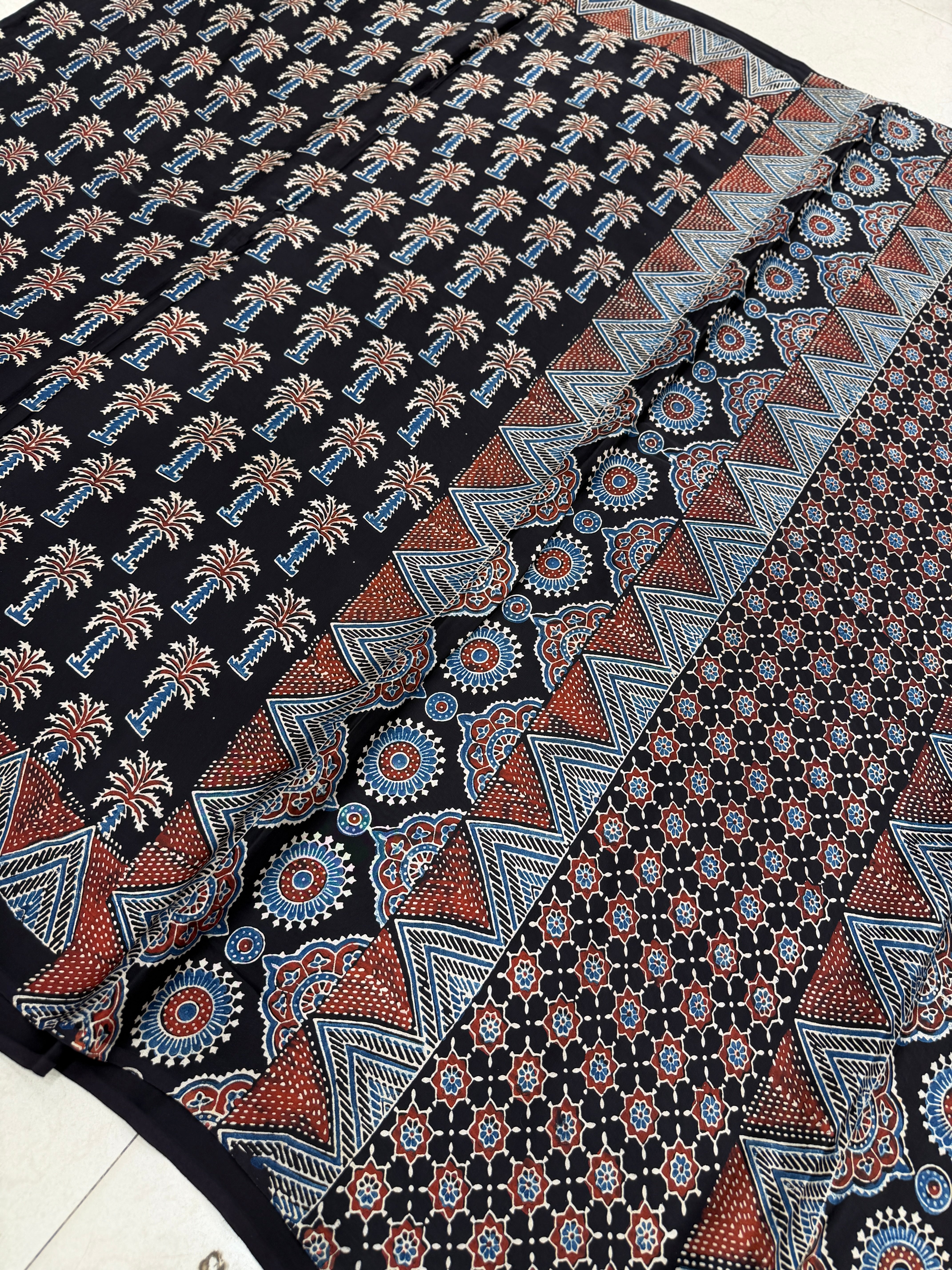 Black Palm Tree Butta Ajrakh Hand Block Print Pure Gajji Silk Saree