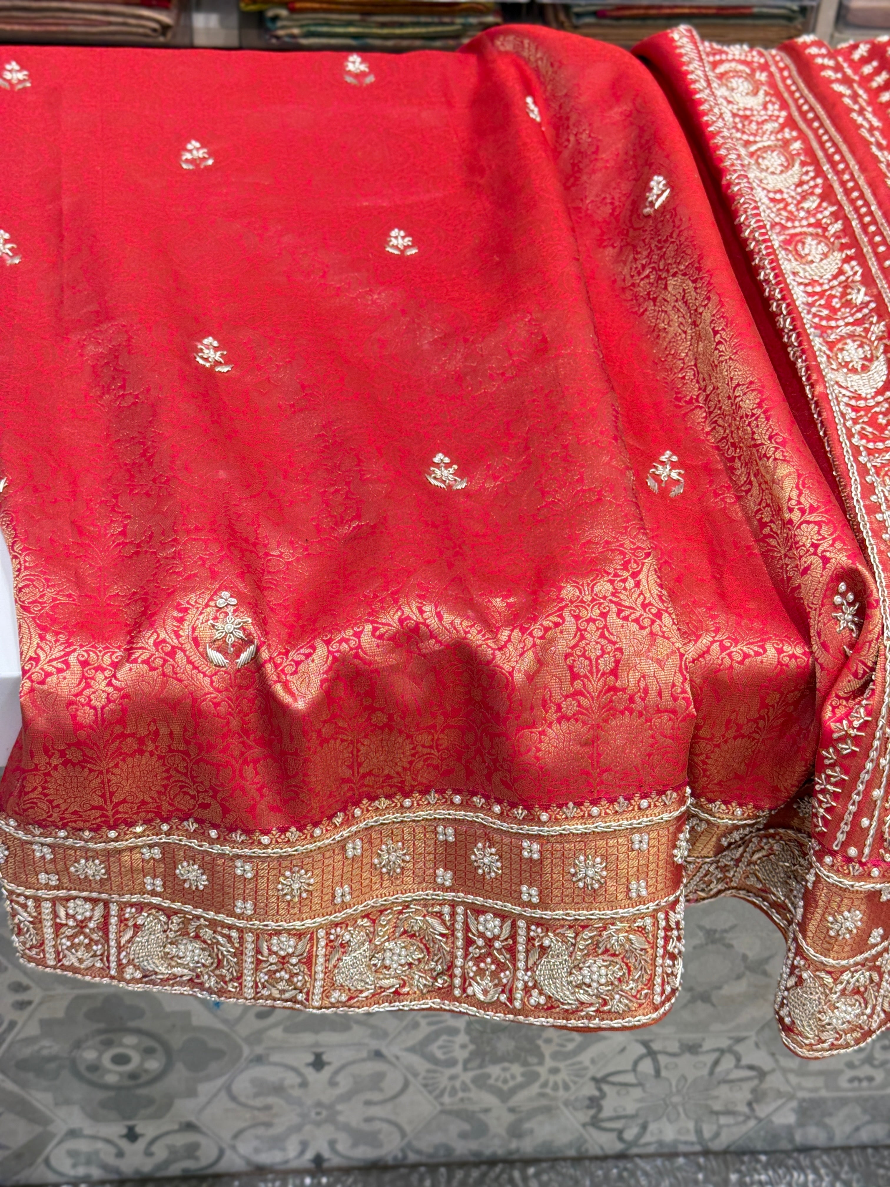 Red Kanjivaram Peacock Motif Zardozi Hand Embroidery Saree