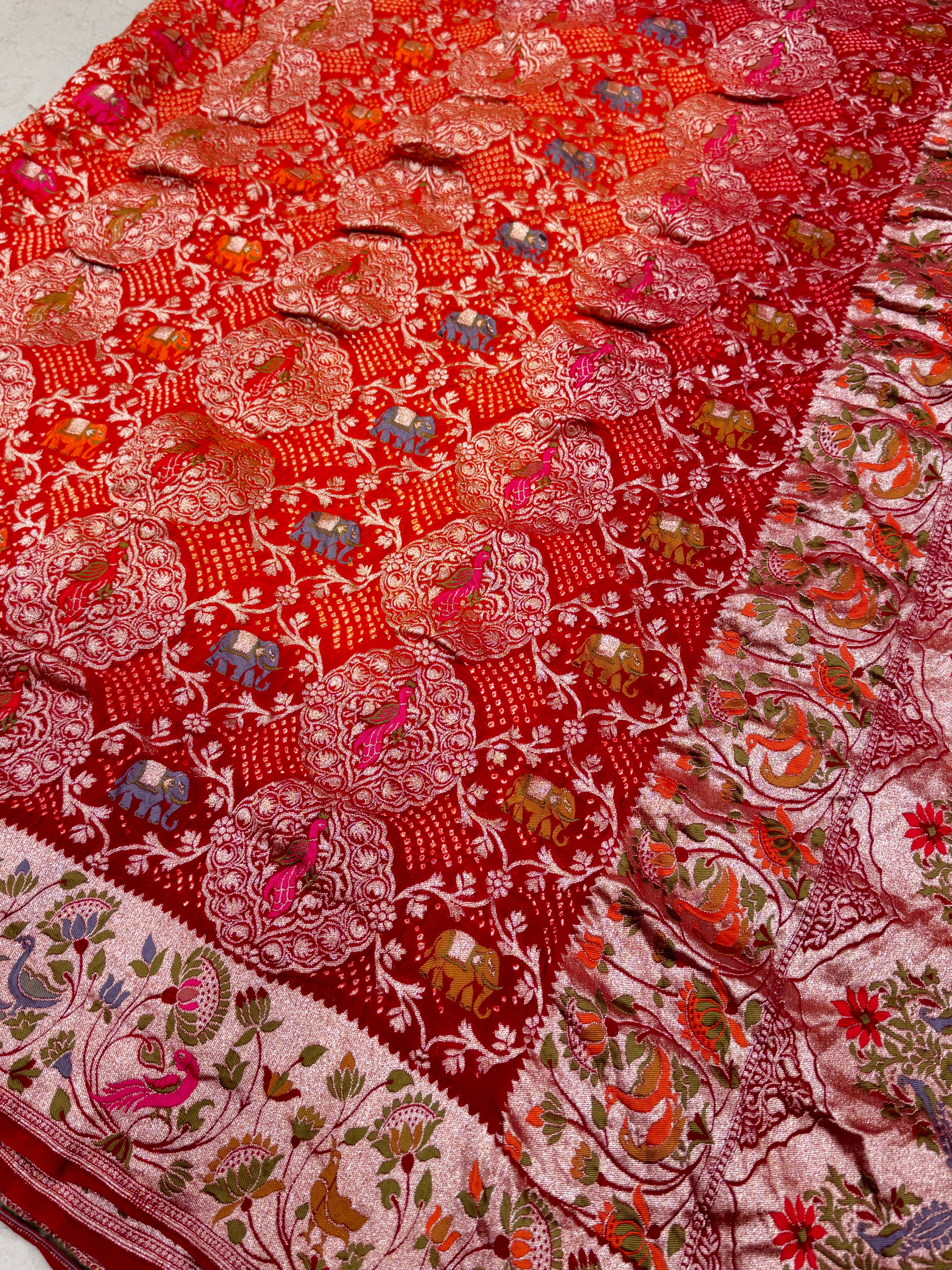 Red Orange Shaded Meenakari Rai Bandhej Shikara Saree
