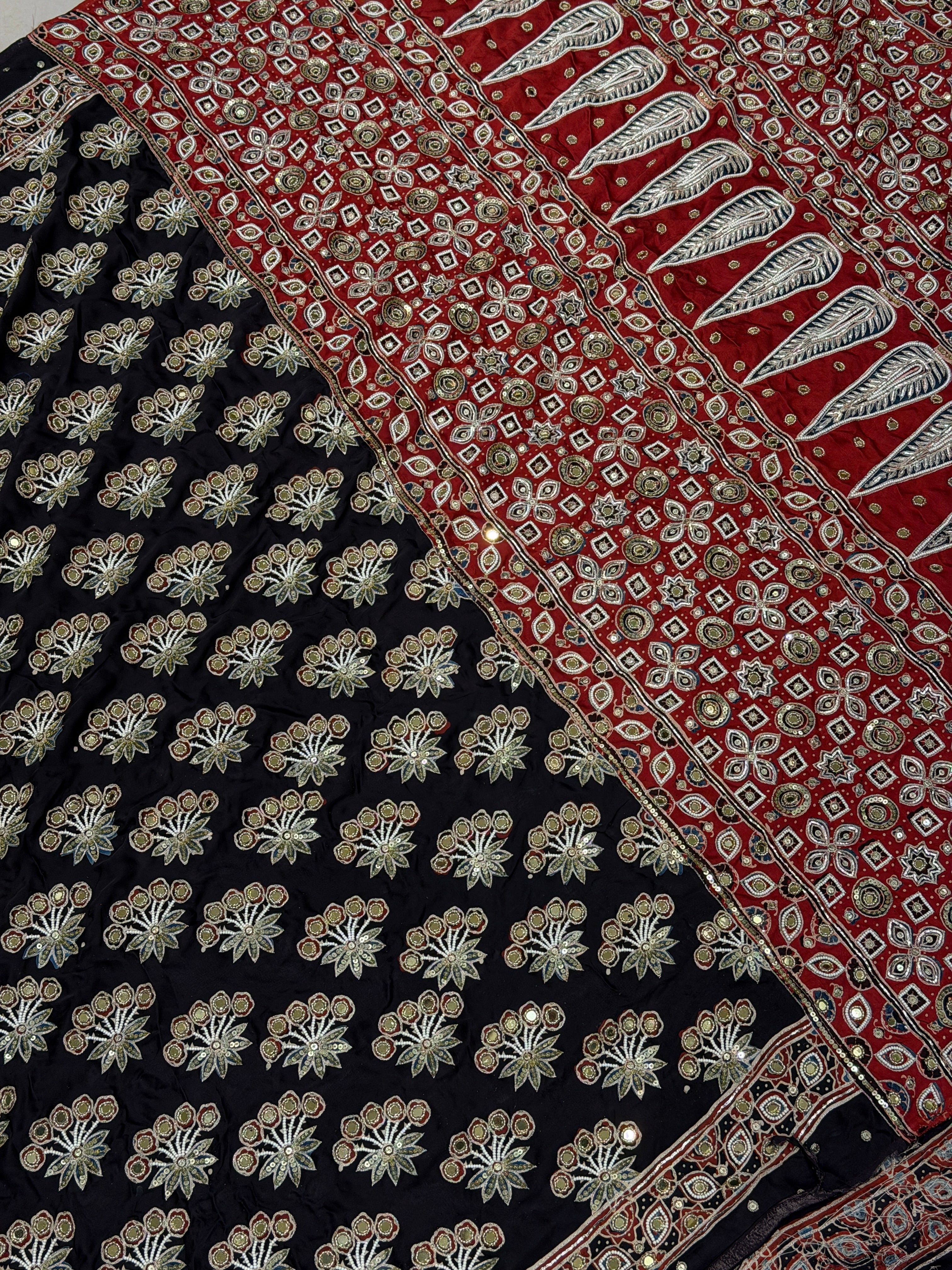 Black Butta Red Pallu Pita Sequin Moti Ajrakh Hand Embroidery Saree