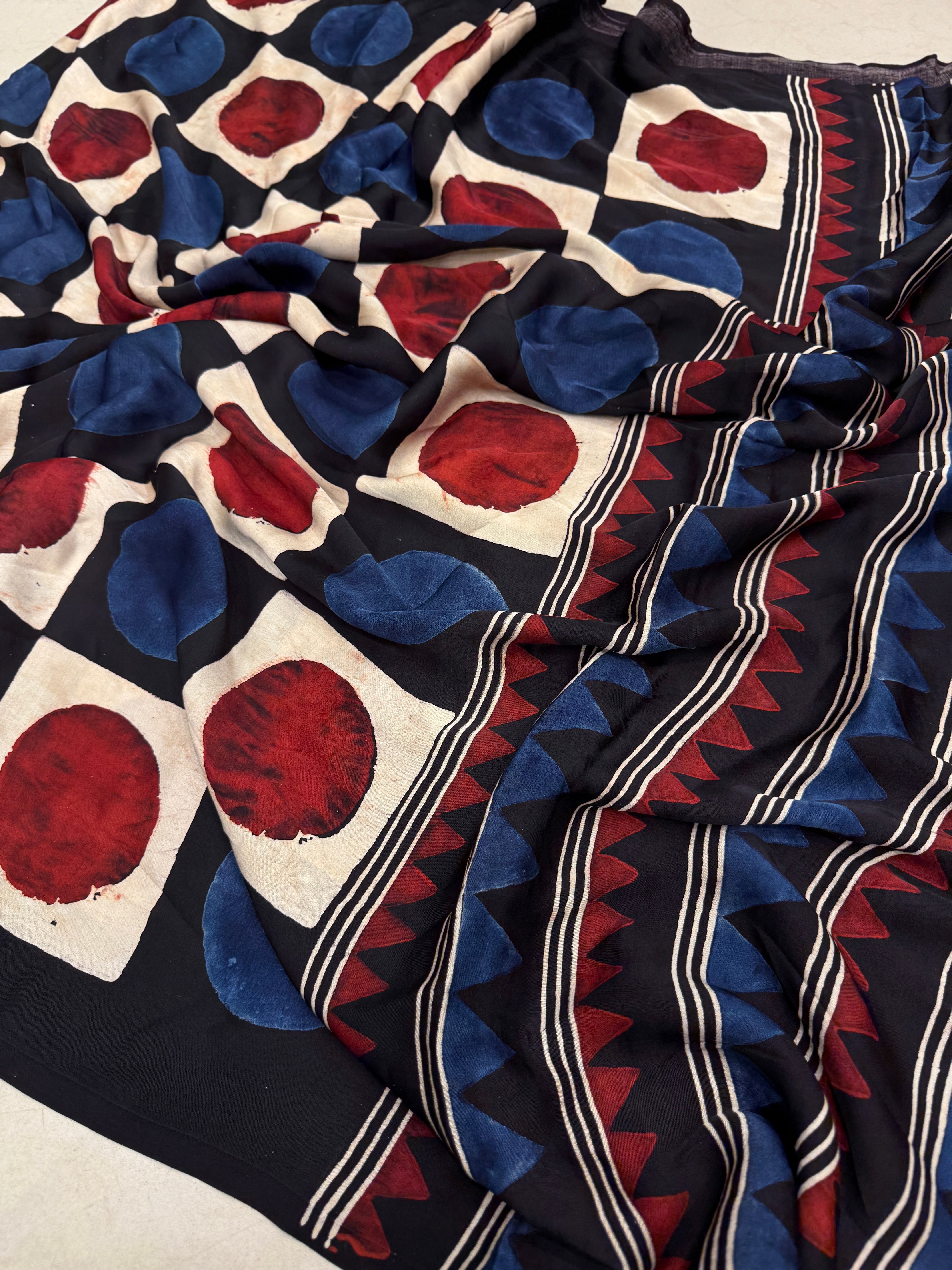 Black Red & Blue Checks Ajrakh Hand Block Print Pure Gajji Silk Saree