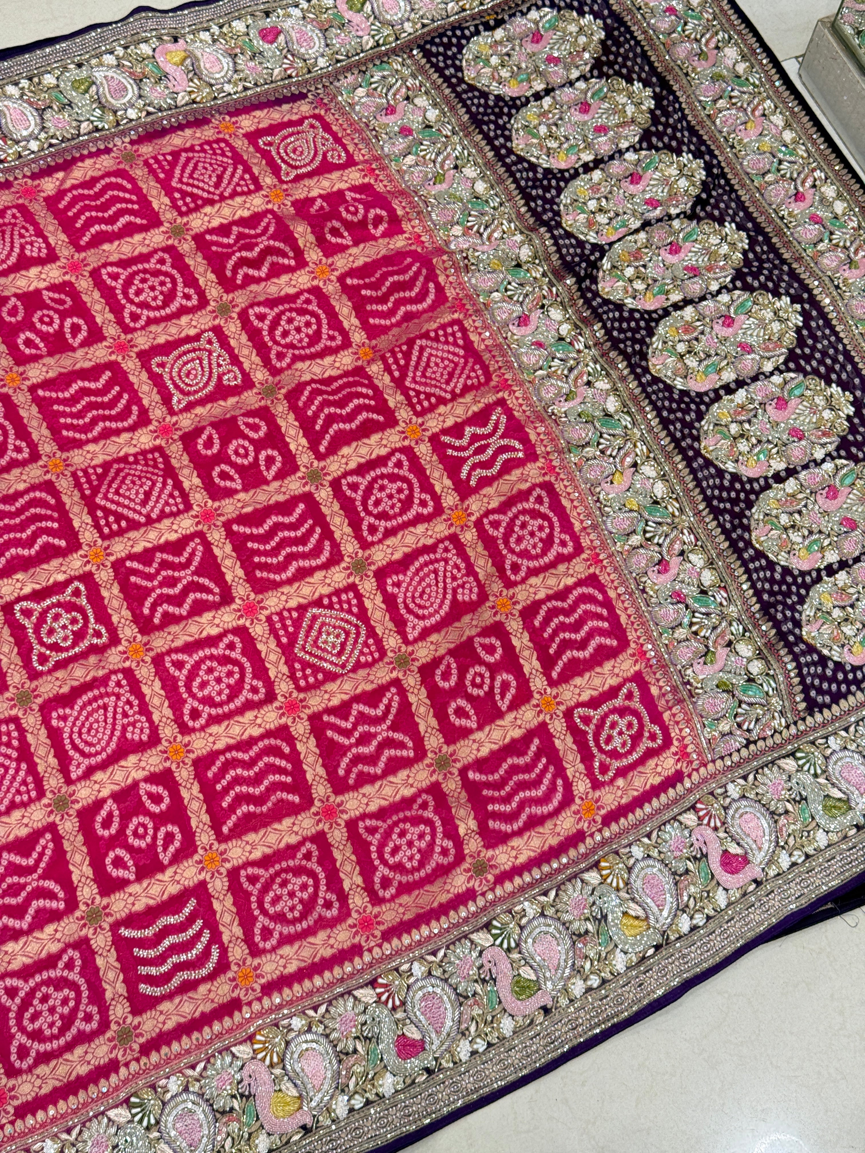 Rani Purple Gharchola Moti Sequin Zardosi Hand Embroidery Georgette Saree