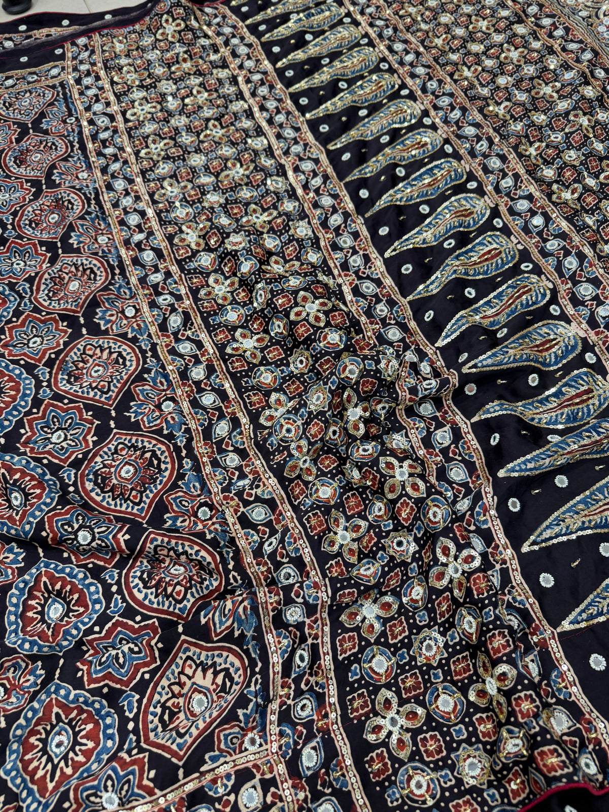 Black Badam Jaal Ajrakh Real Mirror Moti Sequin Hand Embroidery Saree