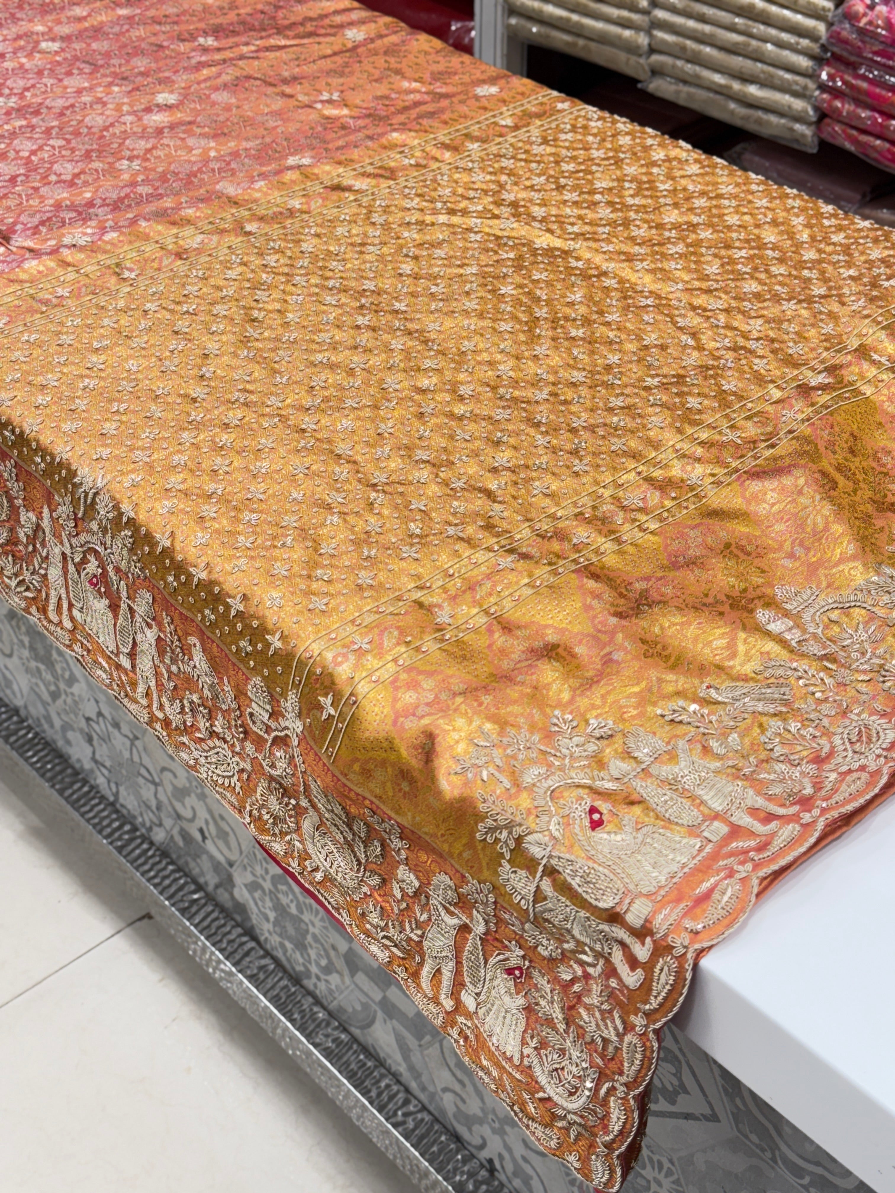 Rust Tissue Kanjivaram Zardosi Doli Hand Embroidery Saree