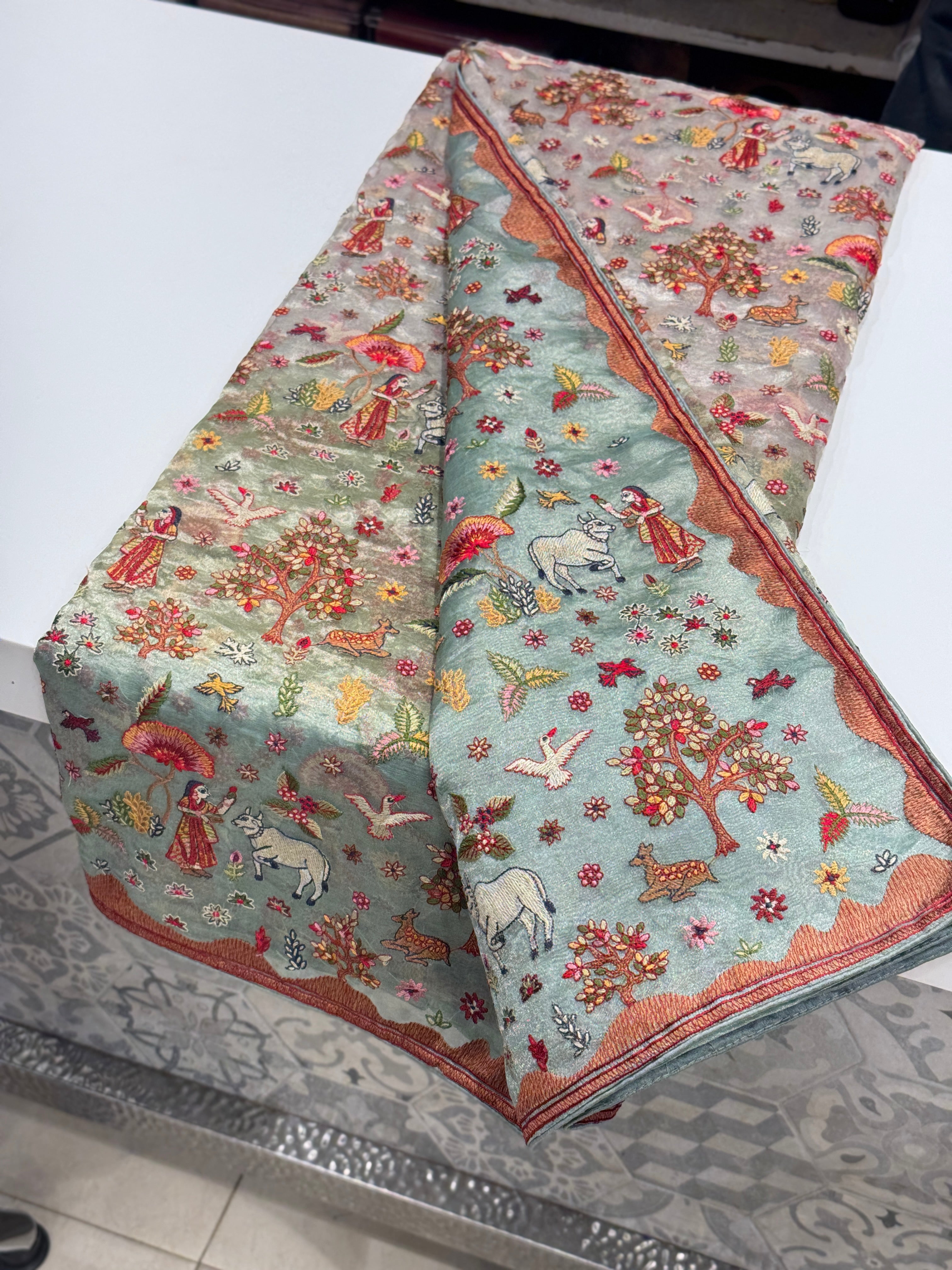 Nita Ambani Inspired Jamdani Style Embroidery Tissue Silk Saree