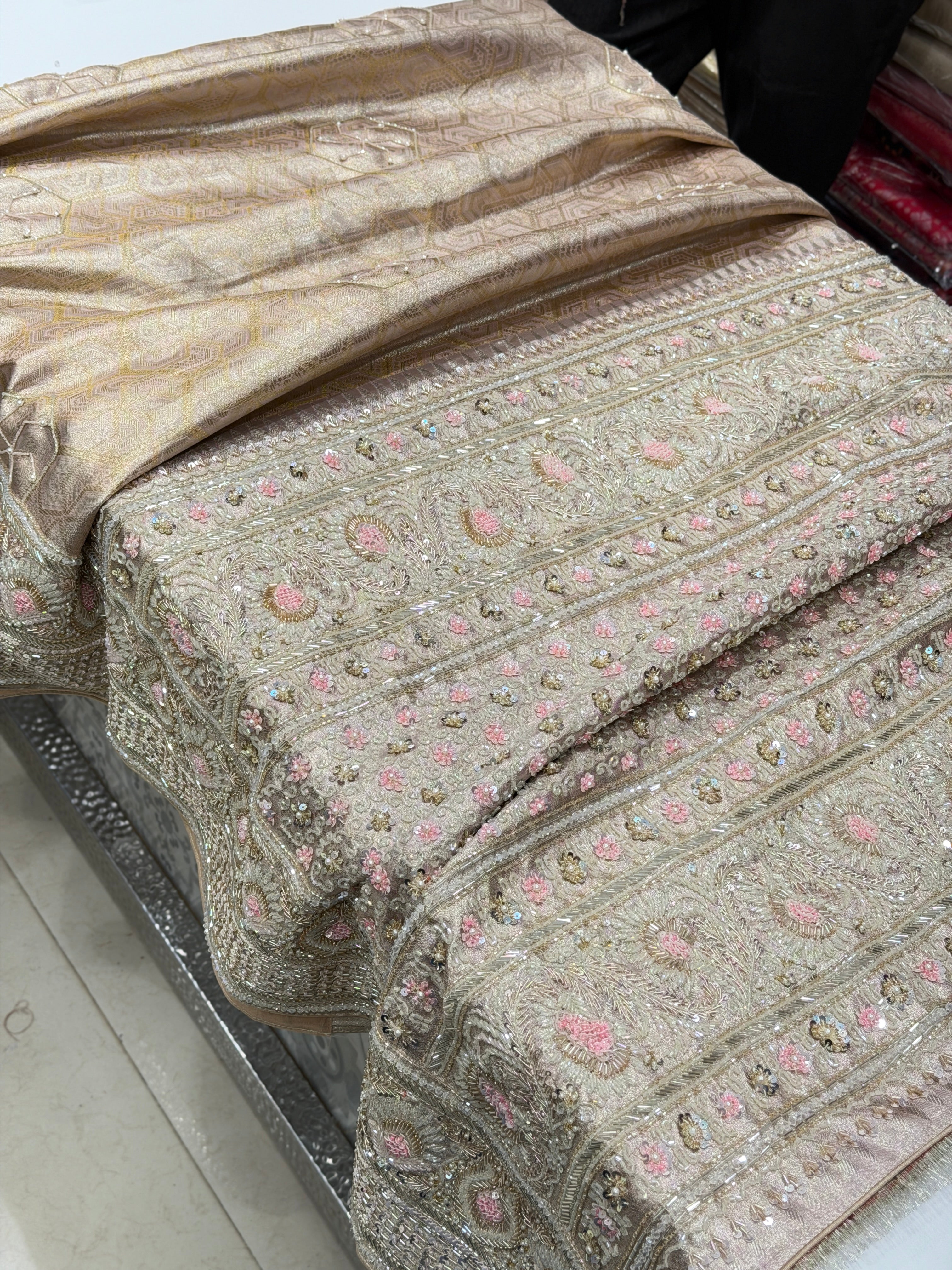 Pink on Silver Zari Handloom Kanjivaram Moti Zardosi Hand Embroidery Saree