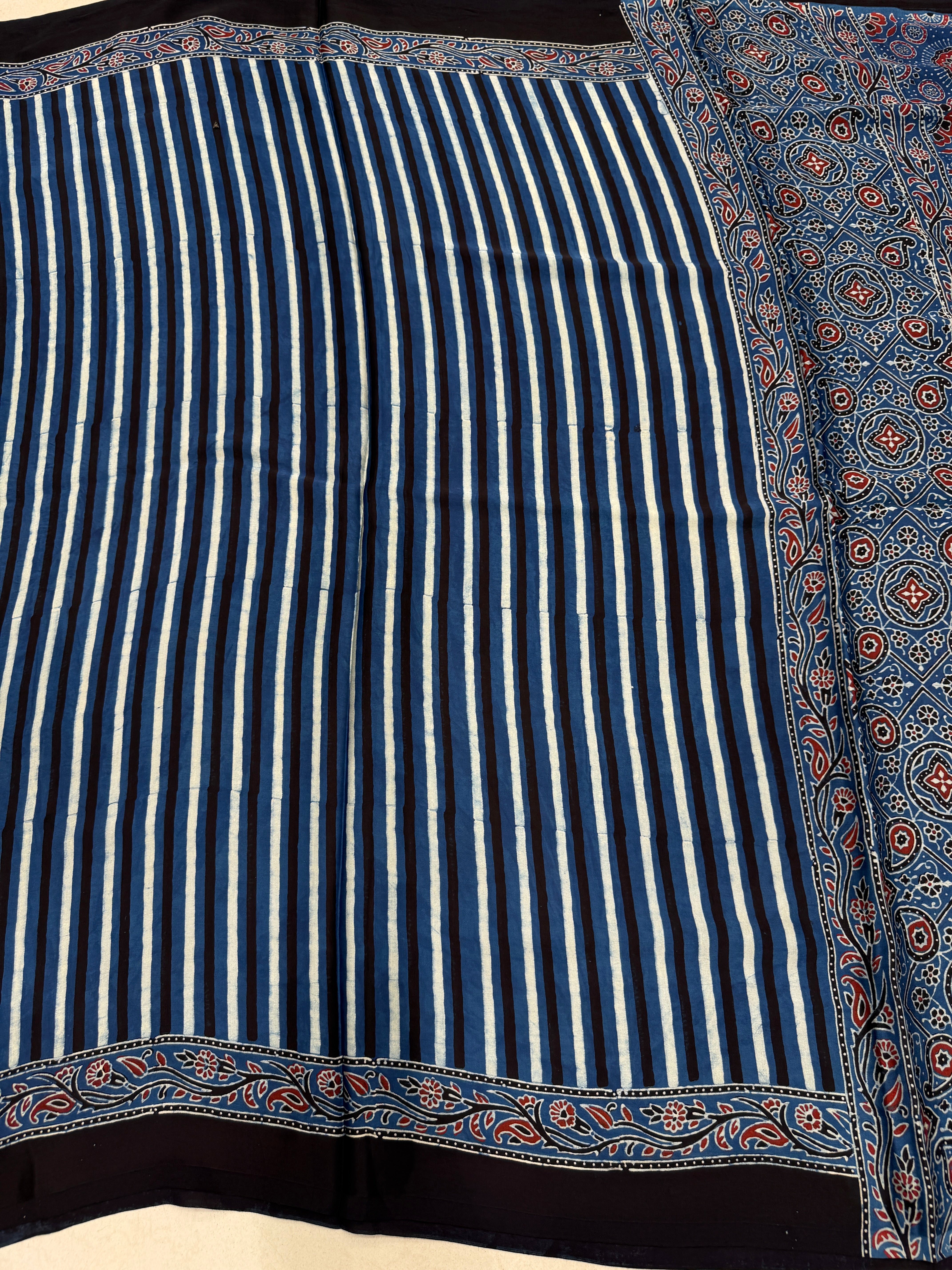 Blue Contemporary Ajrakh Block Print Hand Pure Gajji Silk Saree