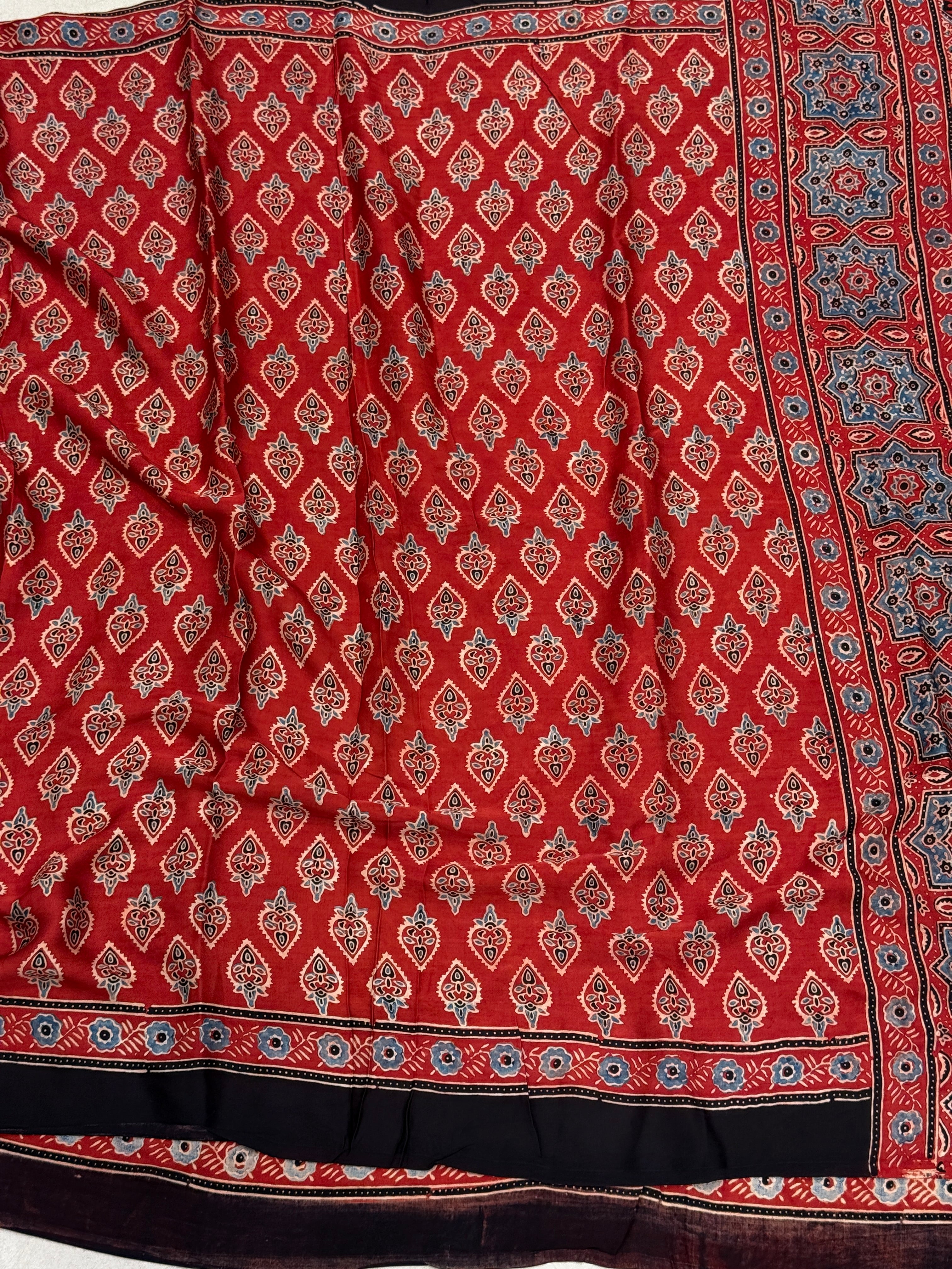 Red Buttis Ajrakh Block Print Hand Pure Gajji Silk Saree