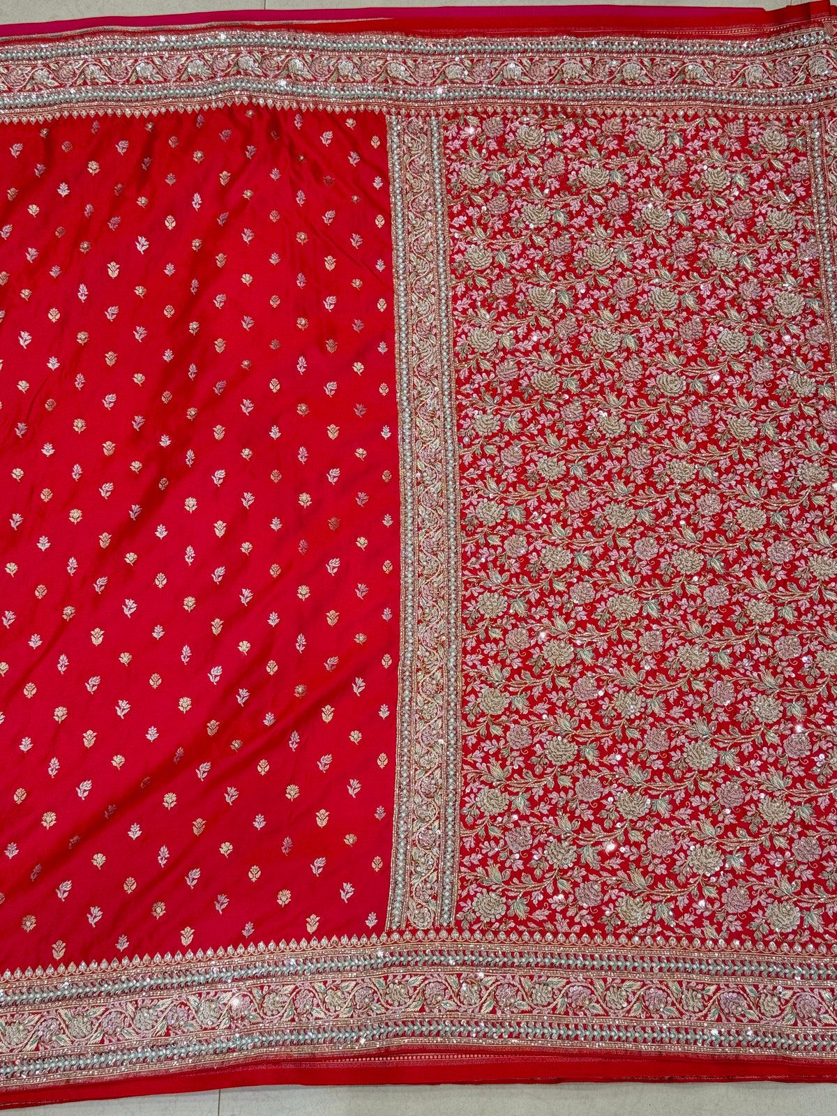 Red Banarasi Silk Sliver Golden Butti Fancy Embroidery Saree