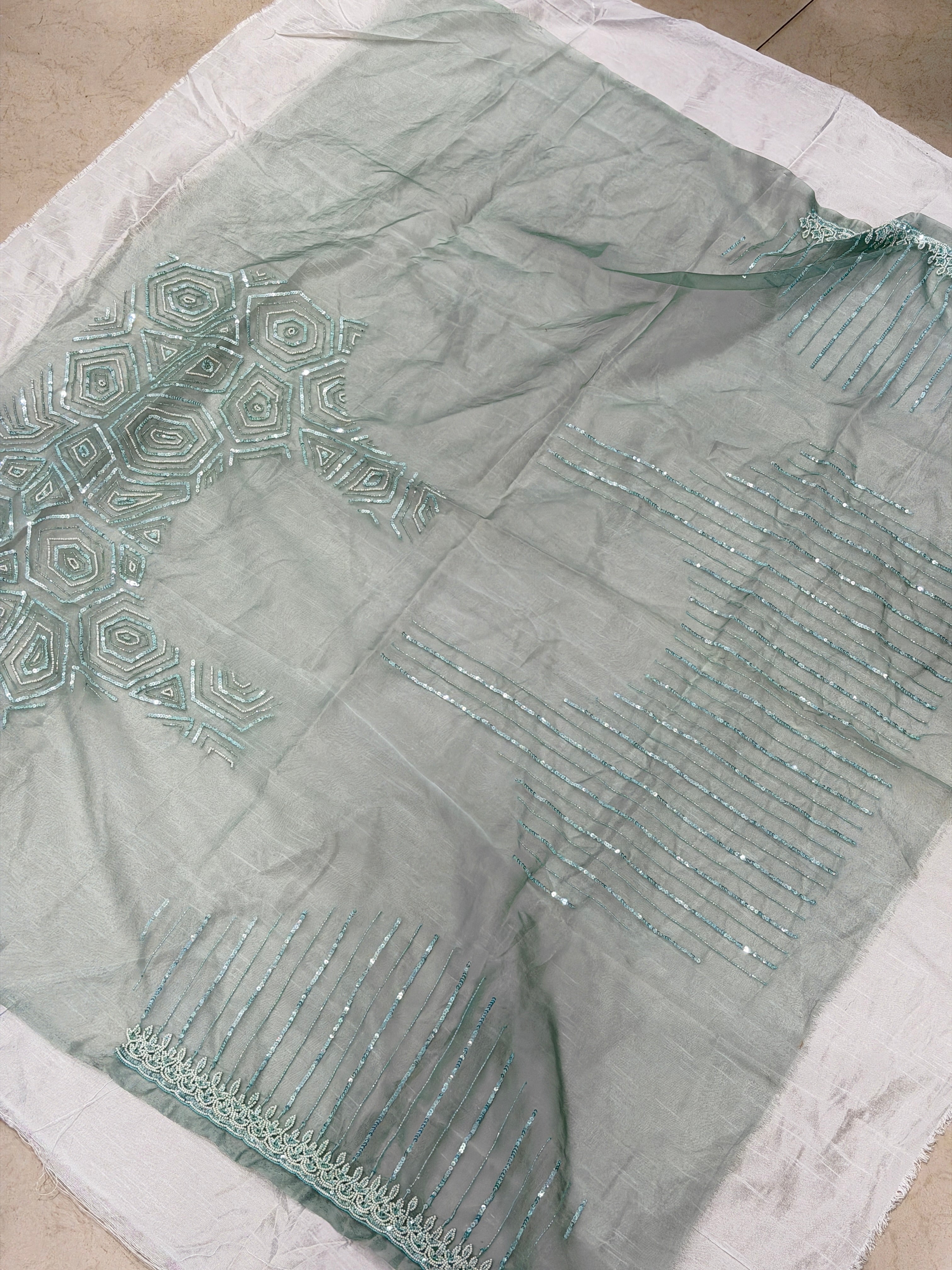 Aqua Blue Organza Hand Embroidery Blouse Piece