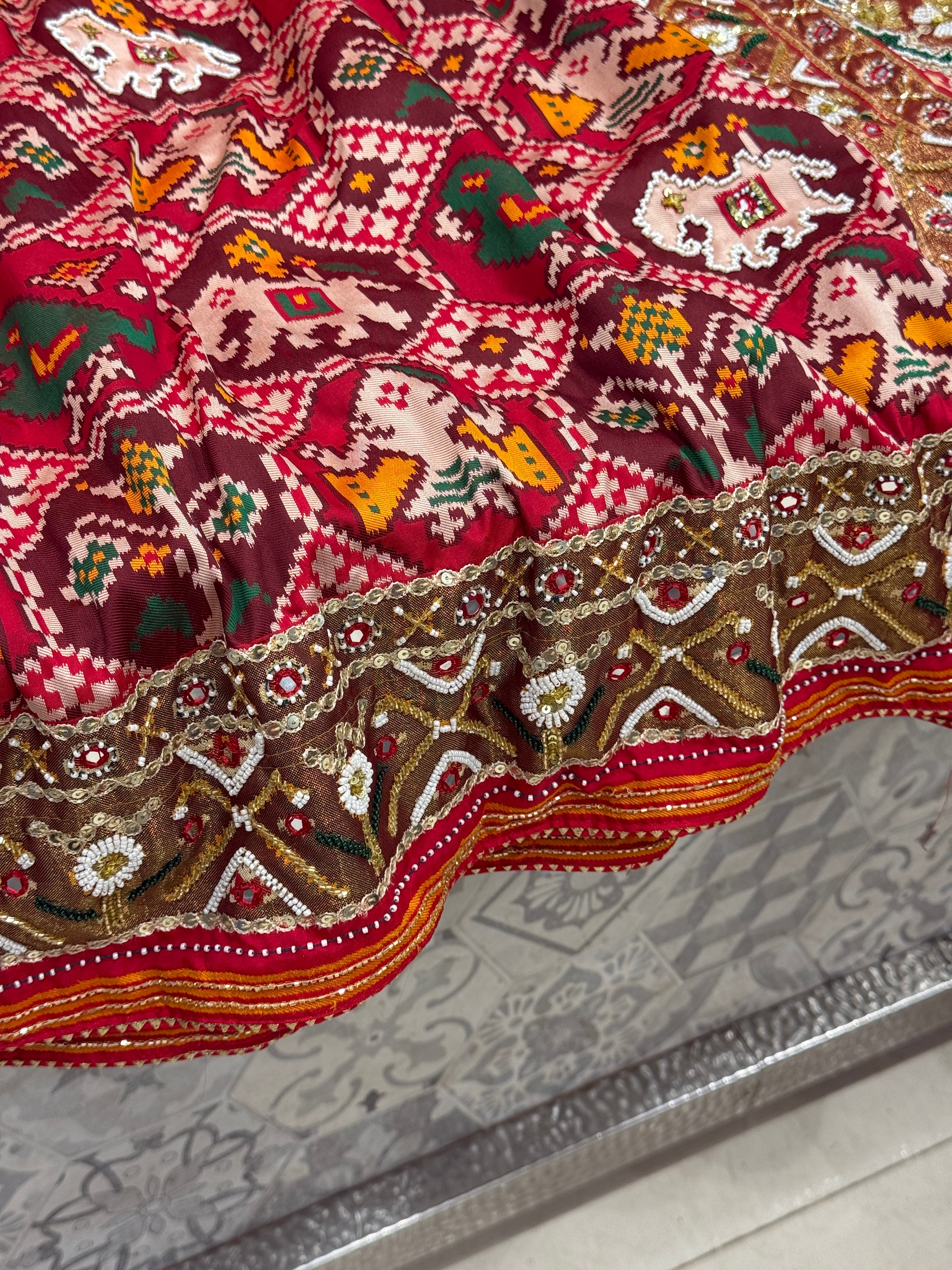 Red Nari Kunjar Bhat Patola Kidiya Moti Hand Embroidery Saree