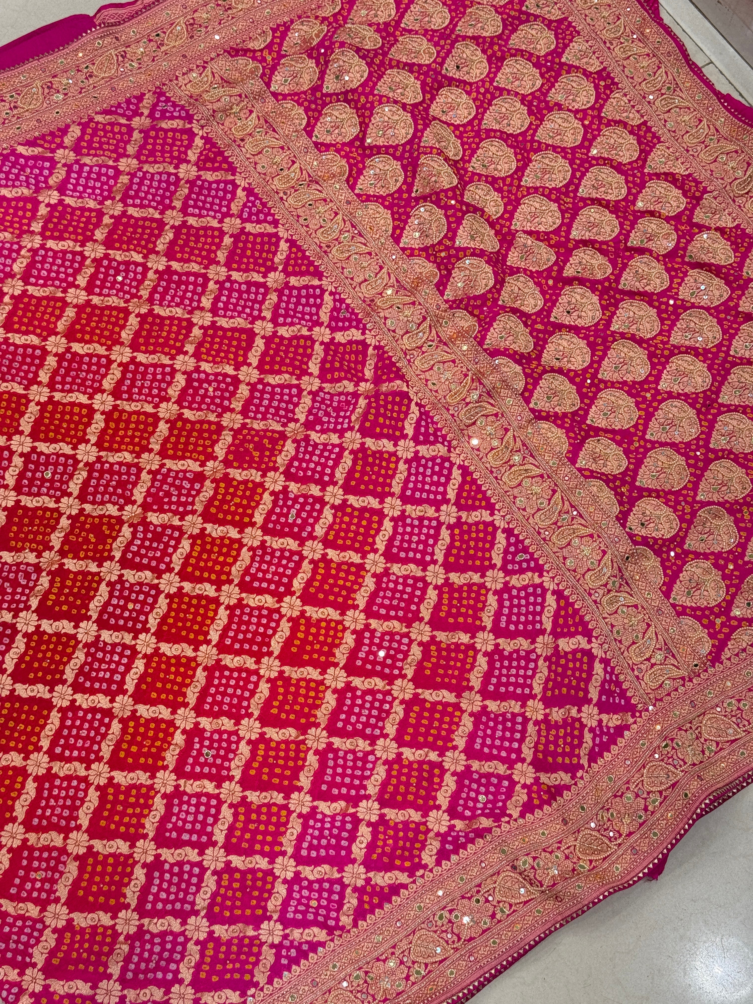 Shaded Rani Red Bandhej Moti Hand Embroidery Saree