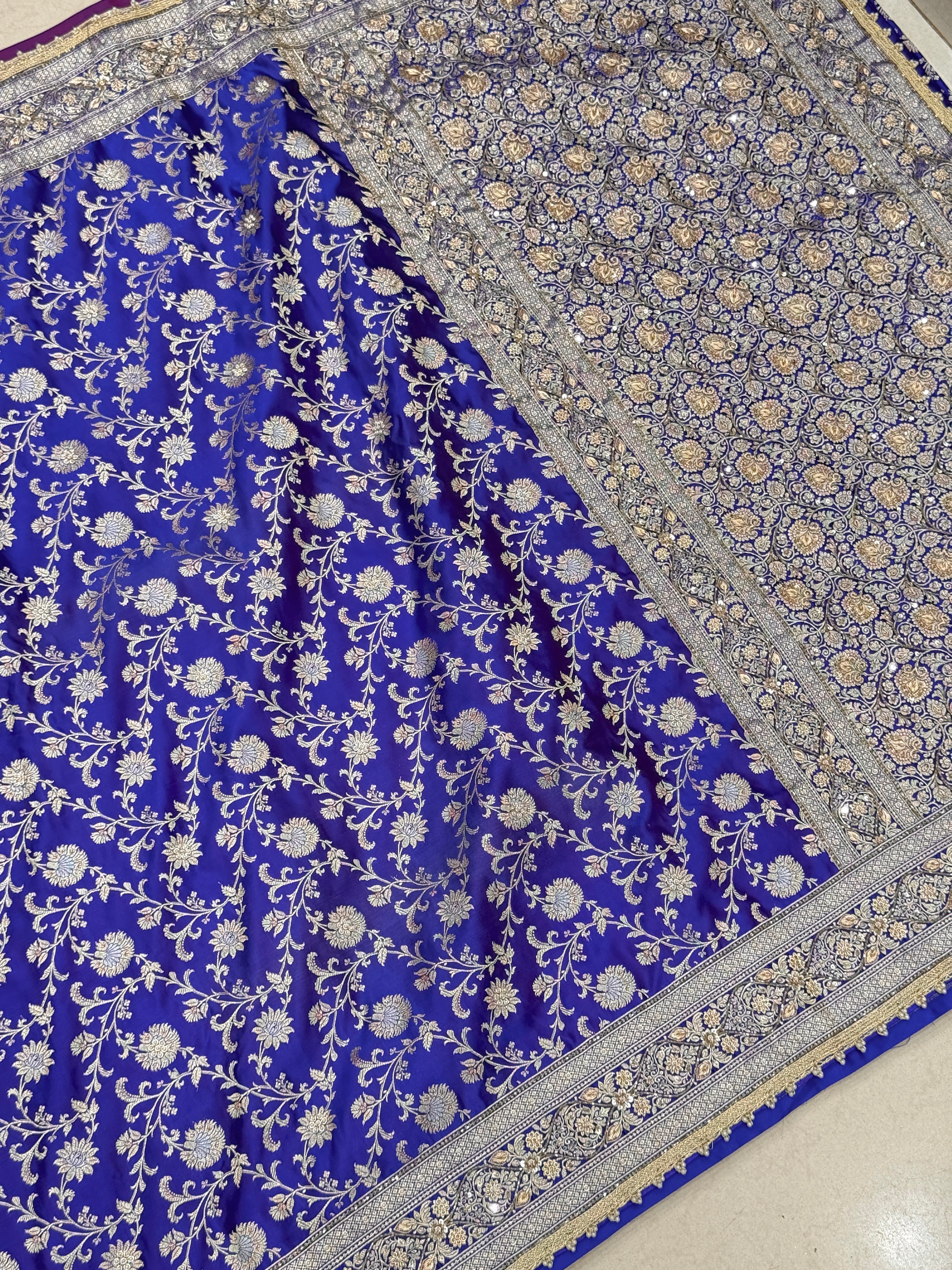 Blueish Purple Banarasi Silk Dhup Chav Hand Embroidery Zardosi Saree