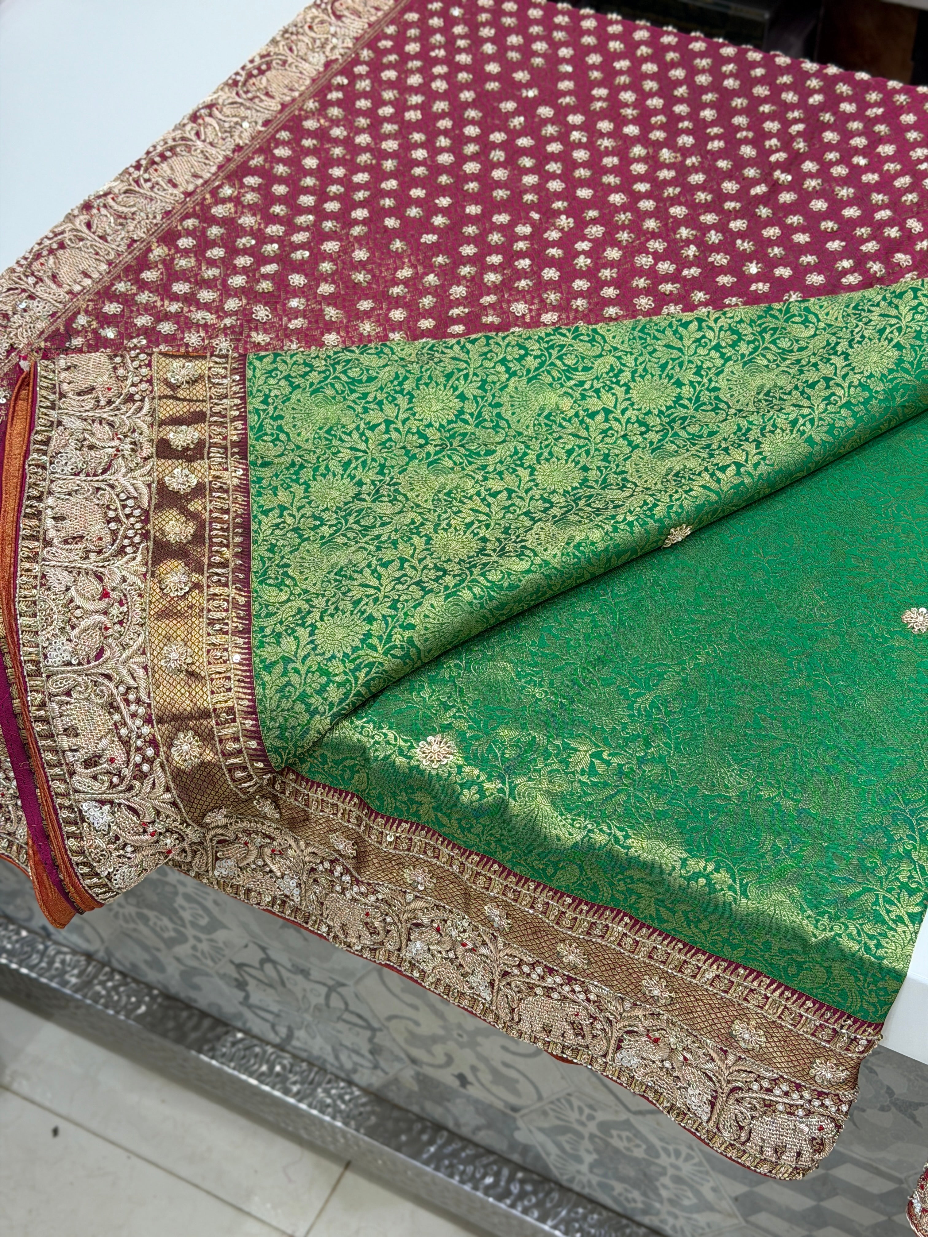 Green Purple Kanjivaram Elephant Motifs Zardosi Hand Embroidery Saree