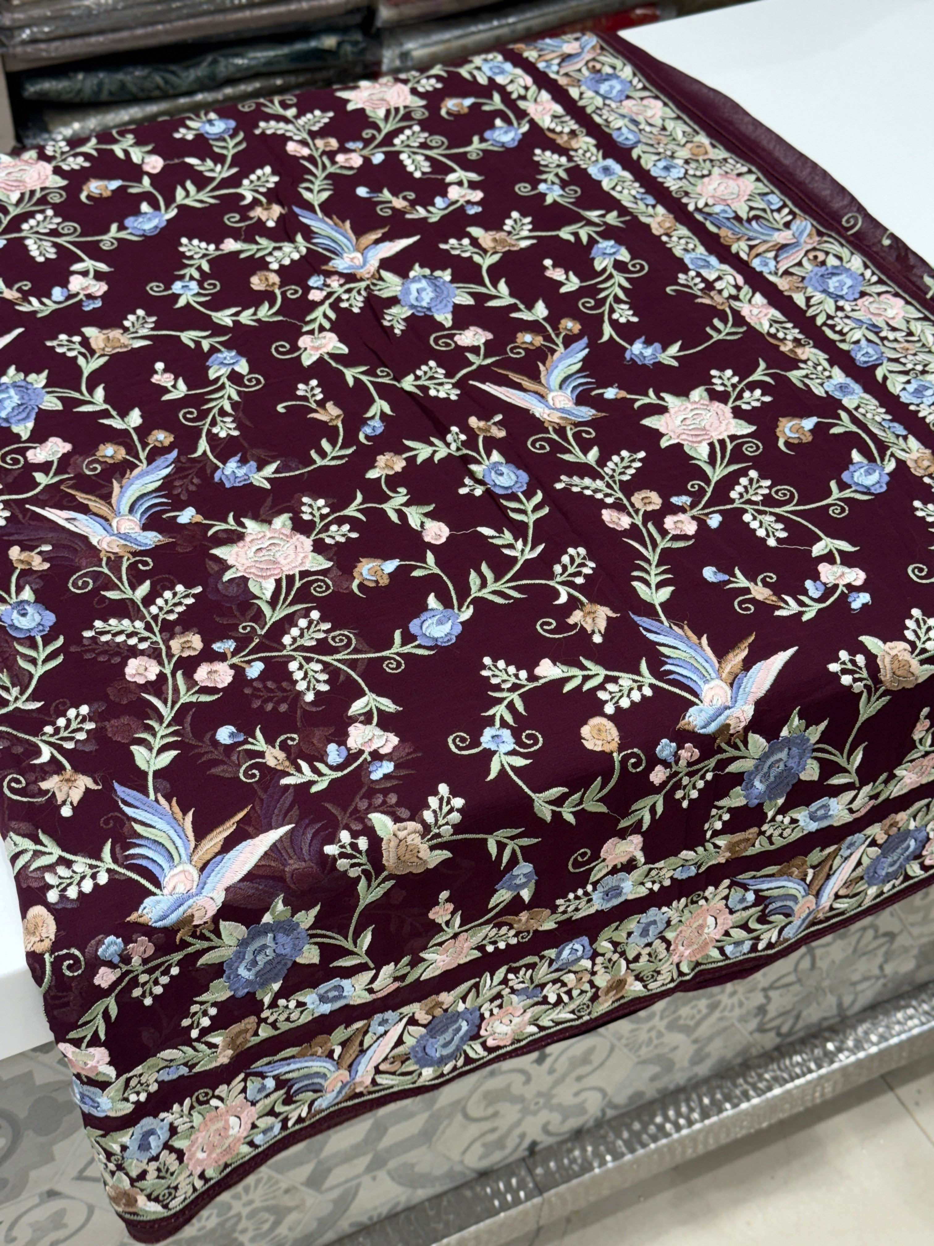 Wine Double Border Embroidery Parsi Gara Saree