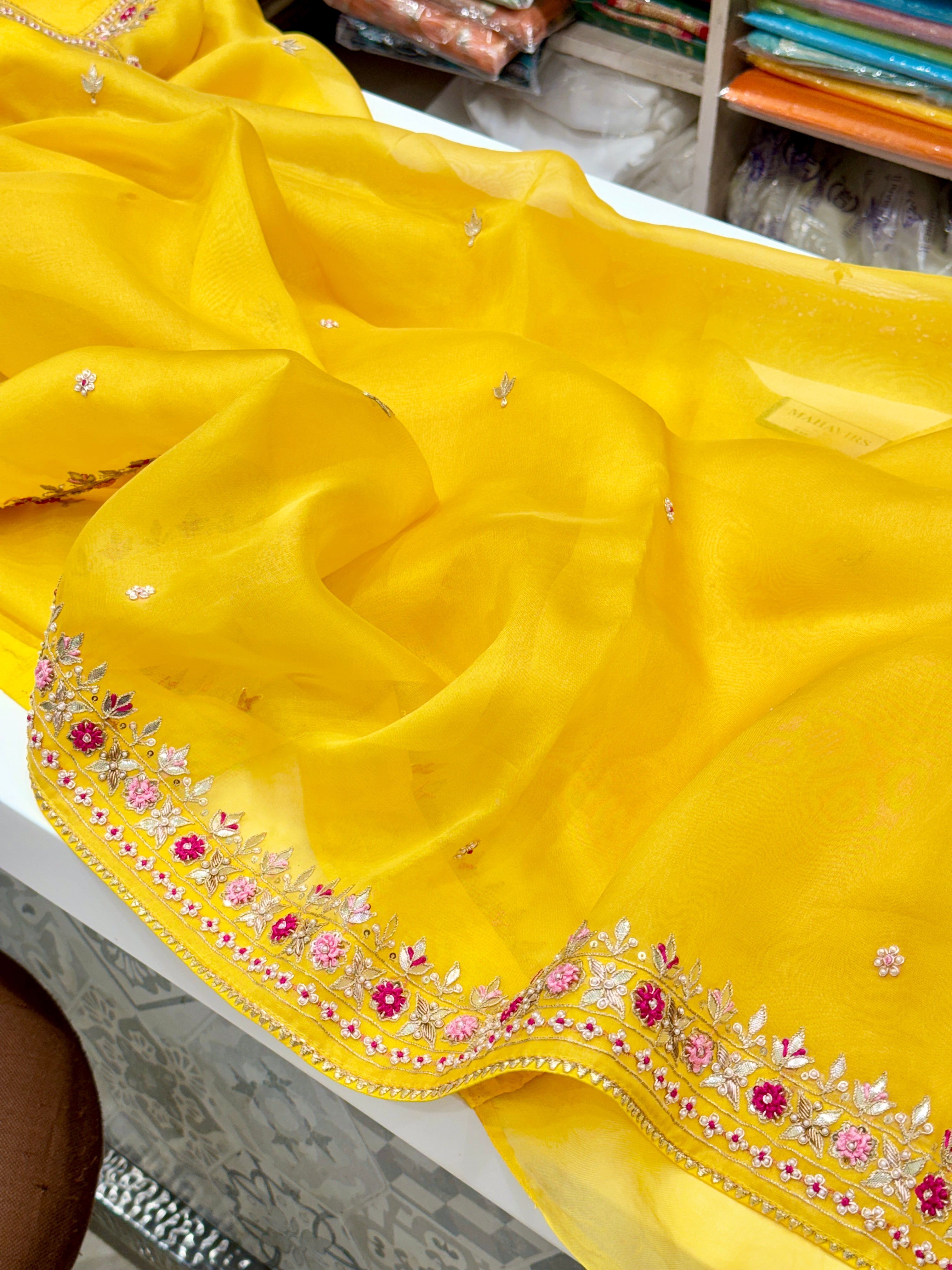 Yellow Handloom Organza Zardosi Saree