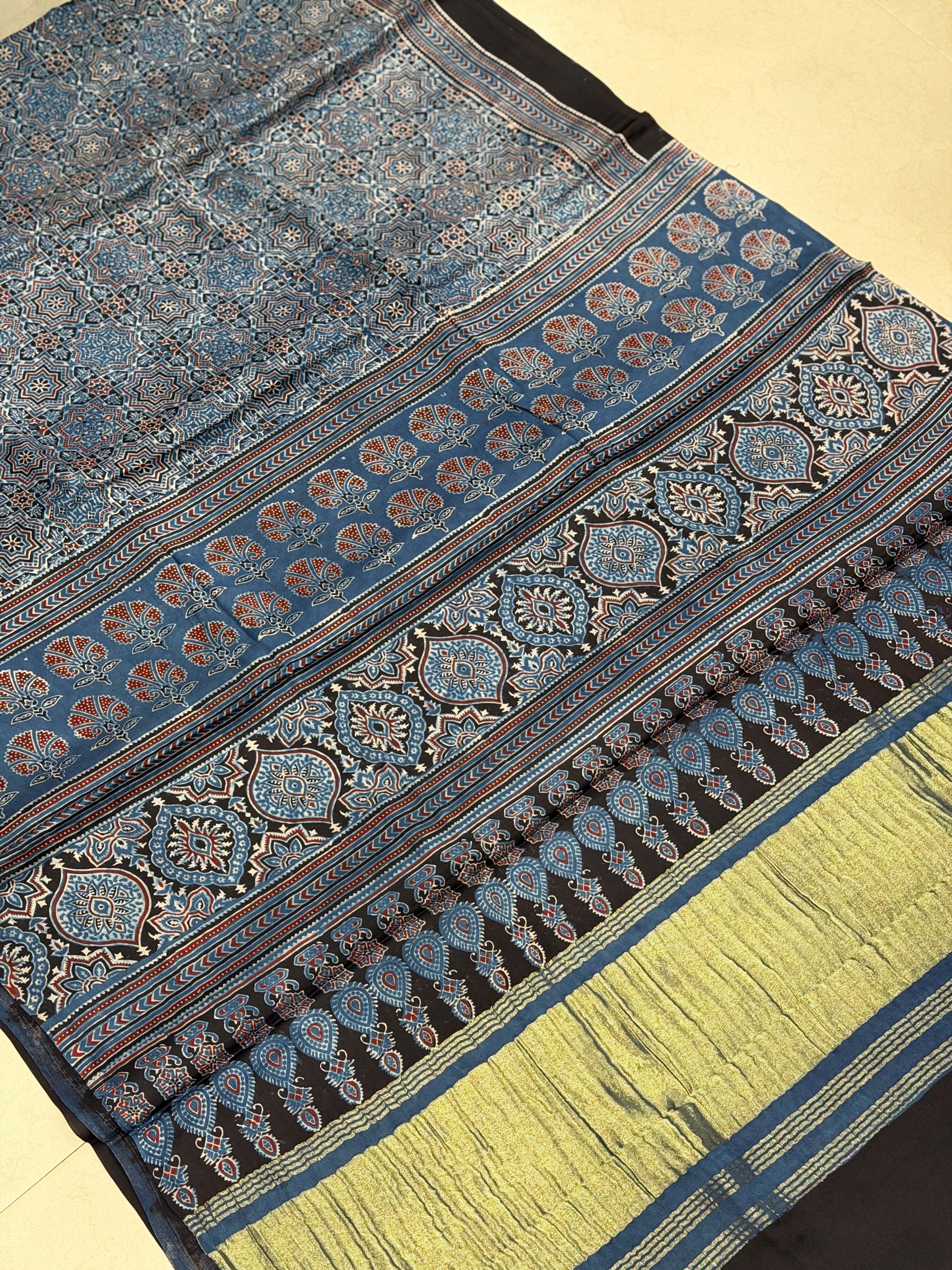 Blue Jaal Lagdipatta Ajrakh Hand Block Print Pure Modal Silk Saree