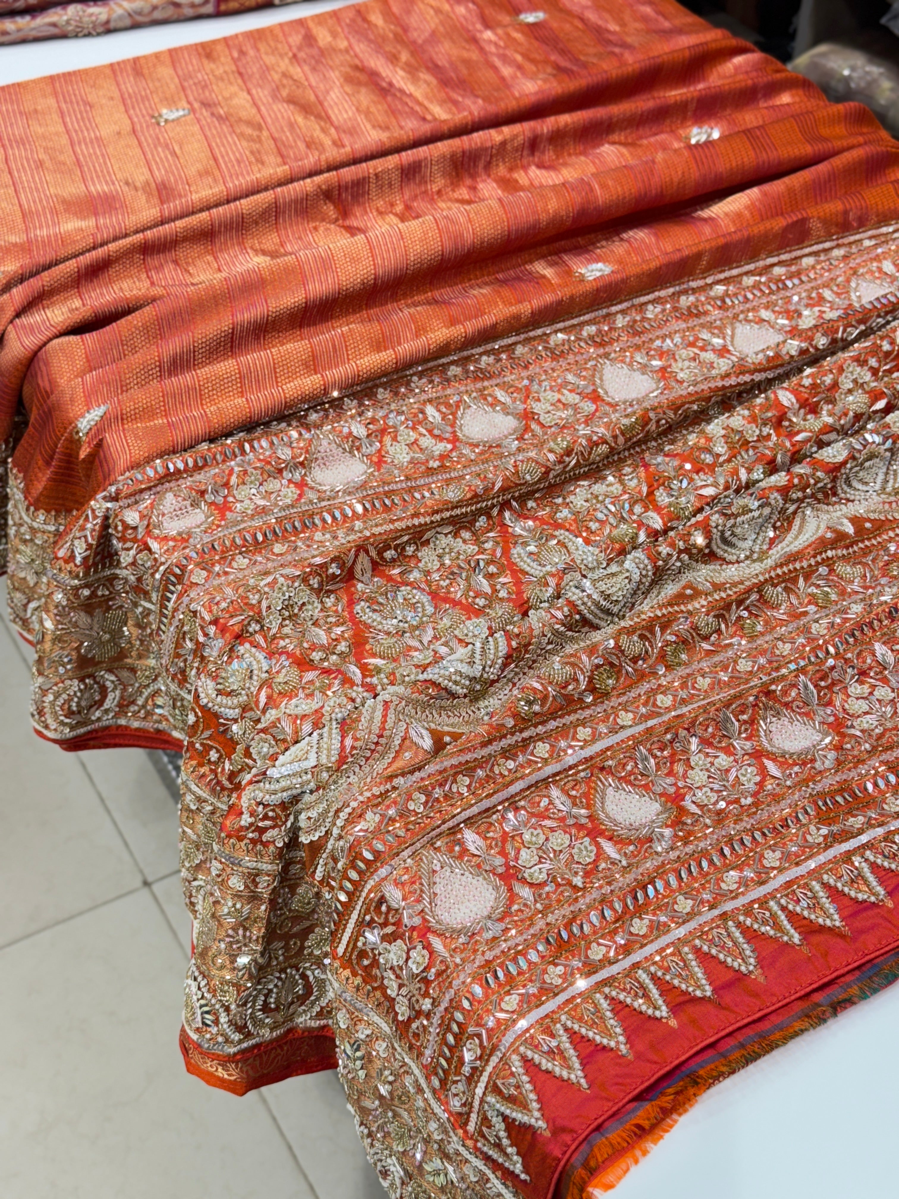 Orange Contemporary Pure Silk Kanjivaram Hand Embroidered Saree