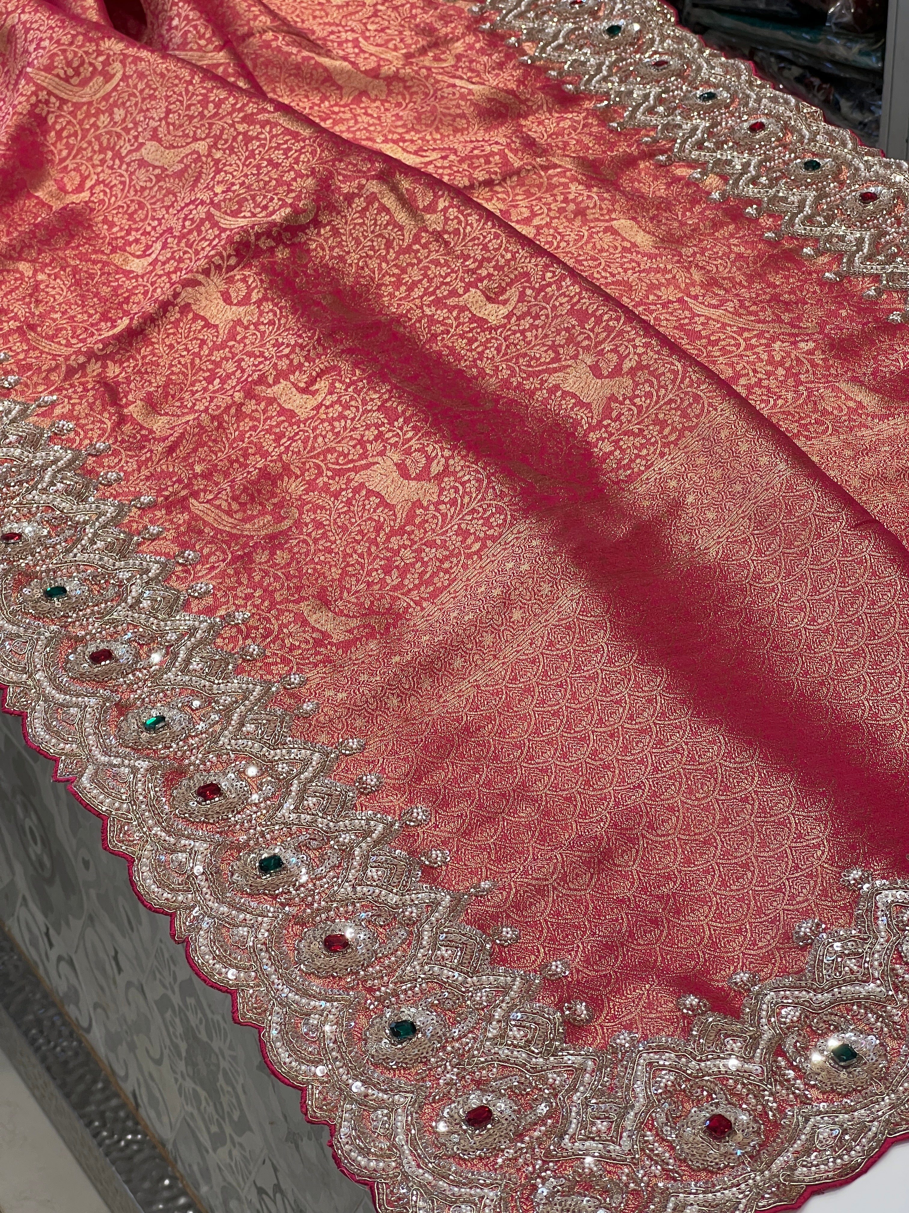 Reddish Rani Tissue Crepe Shikara Style Weave Crystal Embroidery Saree