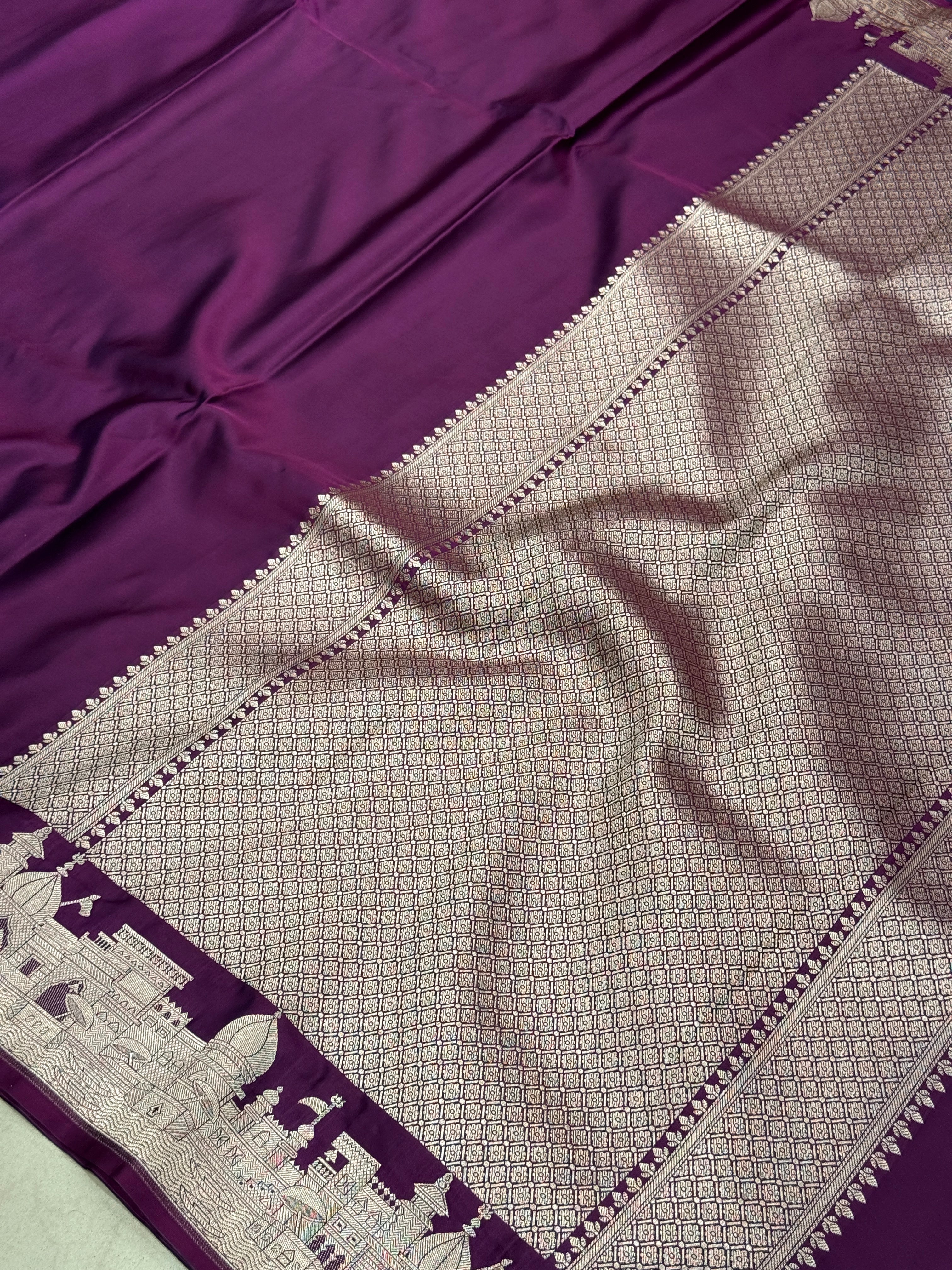 Wine Banarasi Silk Ganga Ghat Border Saree