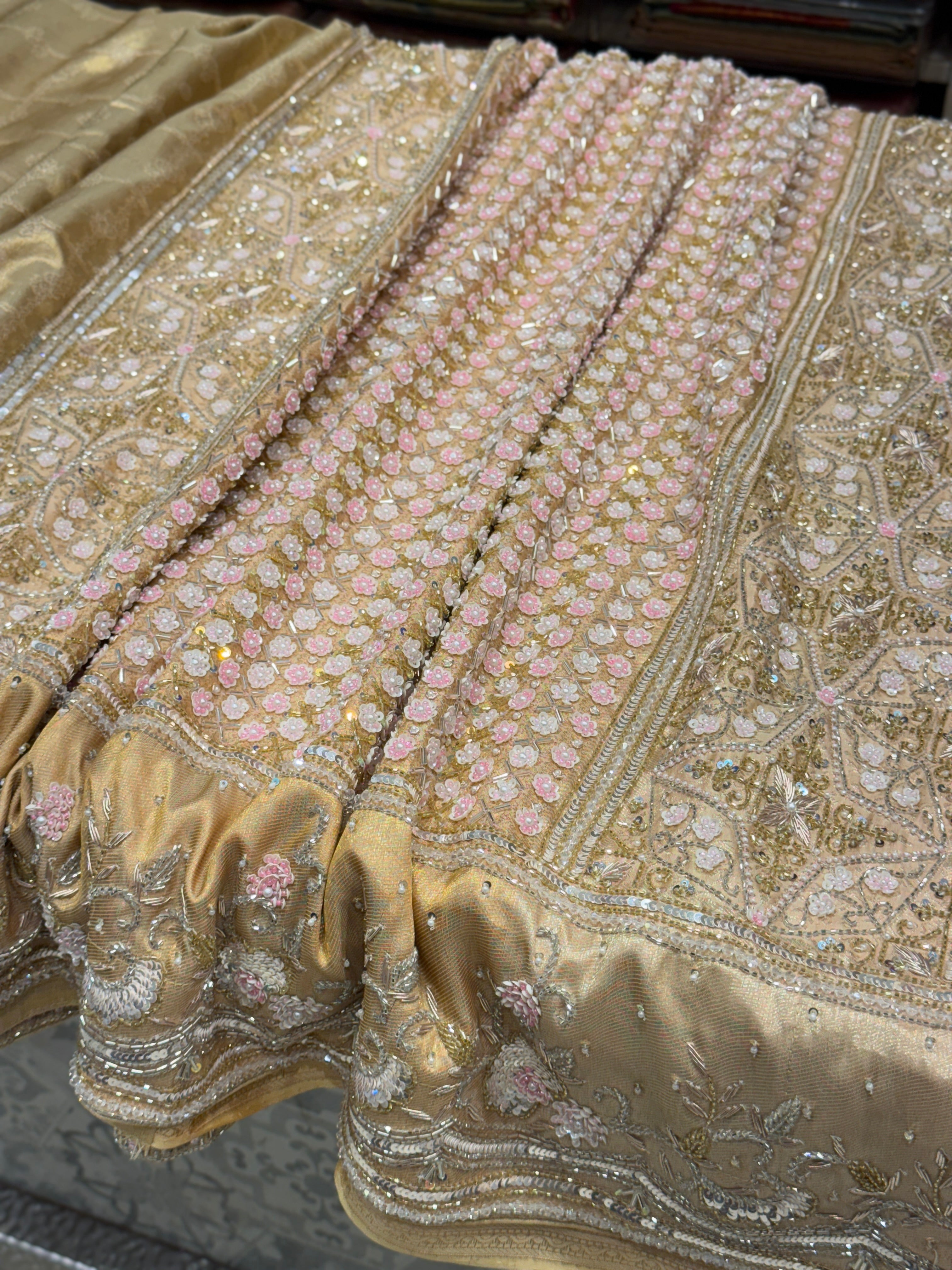 Light Gold Tissue Check Kanjivaram Hand Embroidery Saree