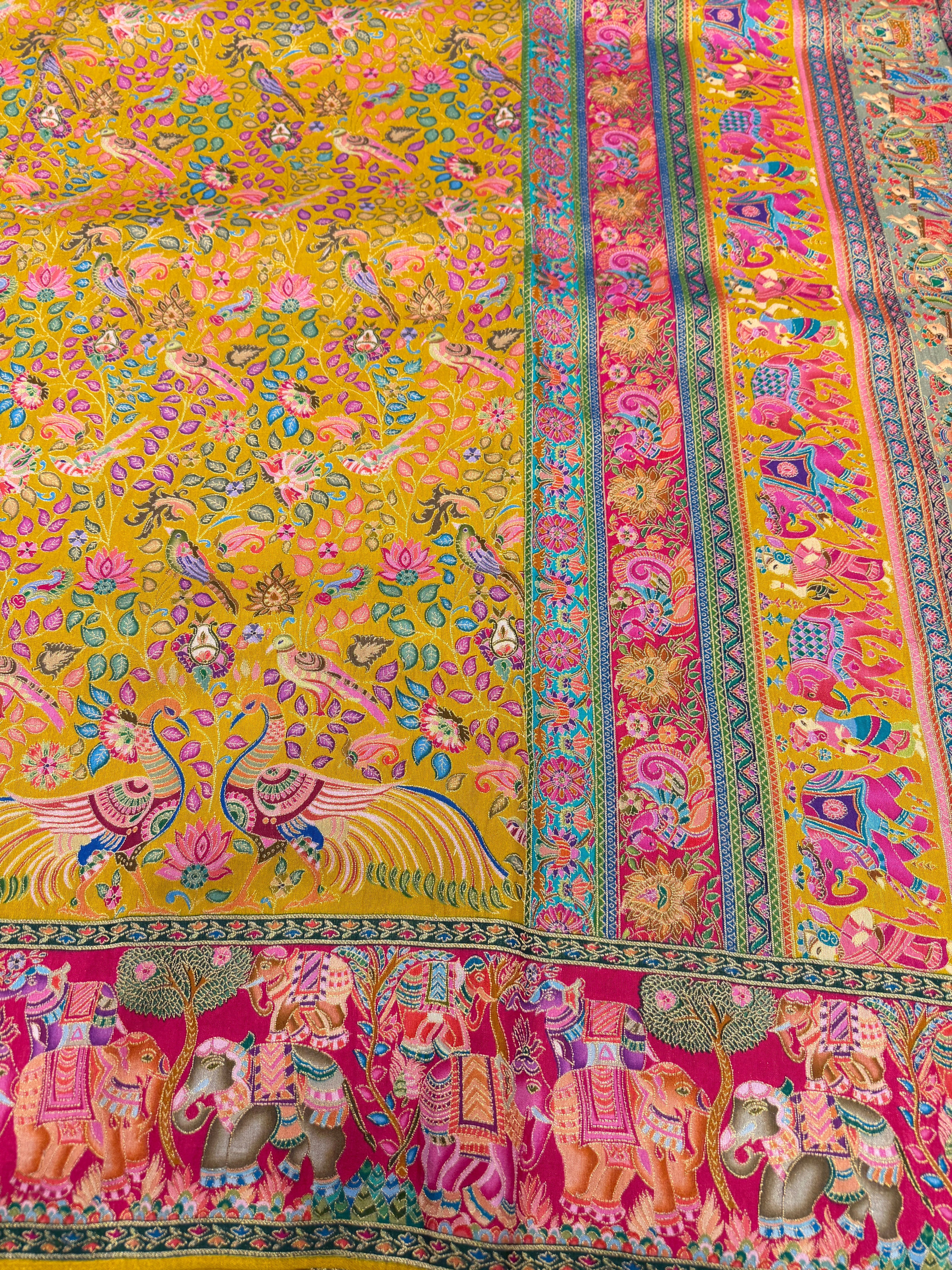 Yellow Rani Weaved Pashmina Style Multi Colour Saree