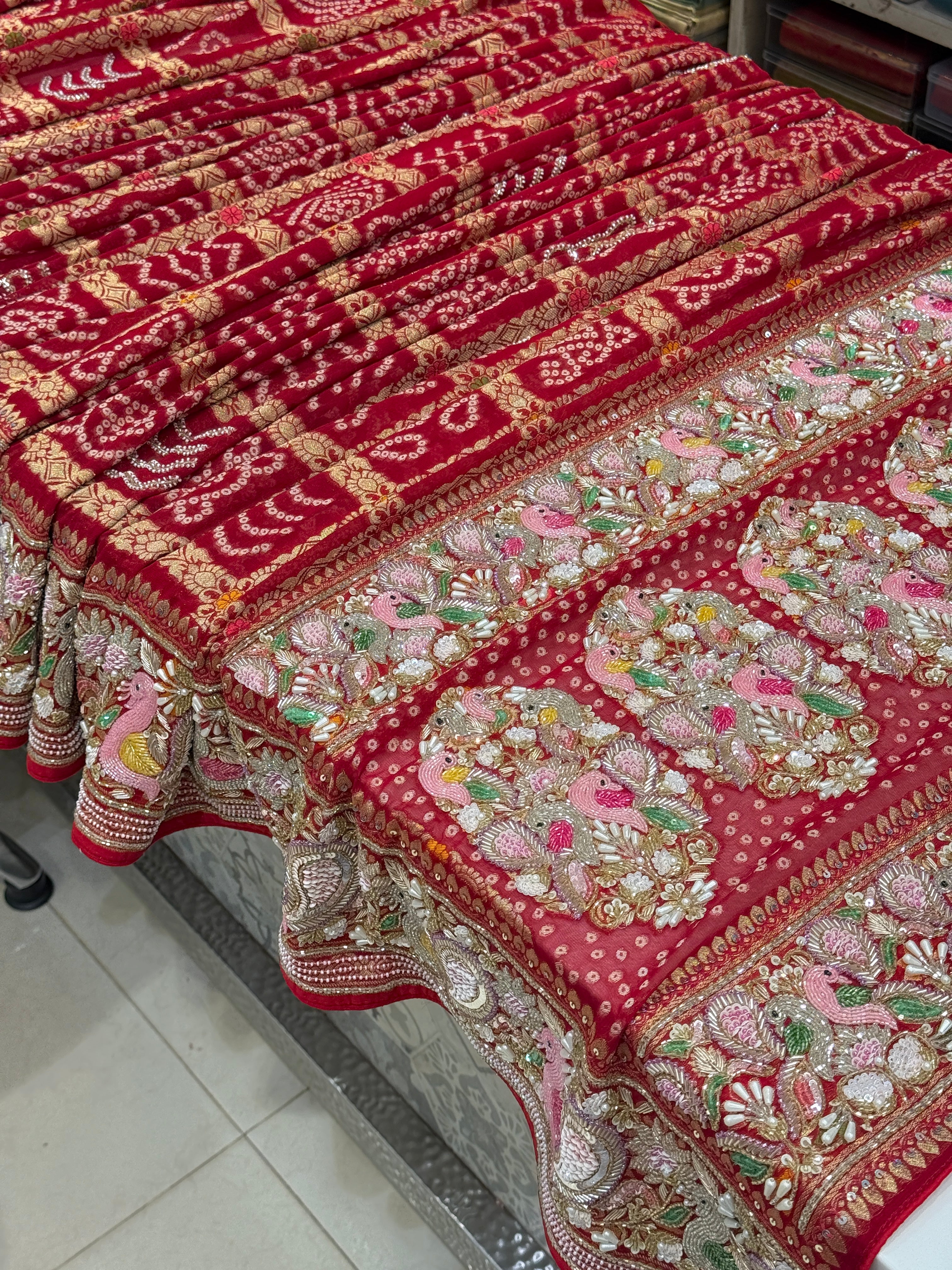 Red Gharchola Moti Sequin Zardosi Hand Embroidery Georgette Saree