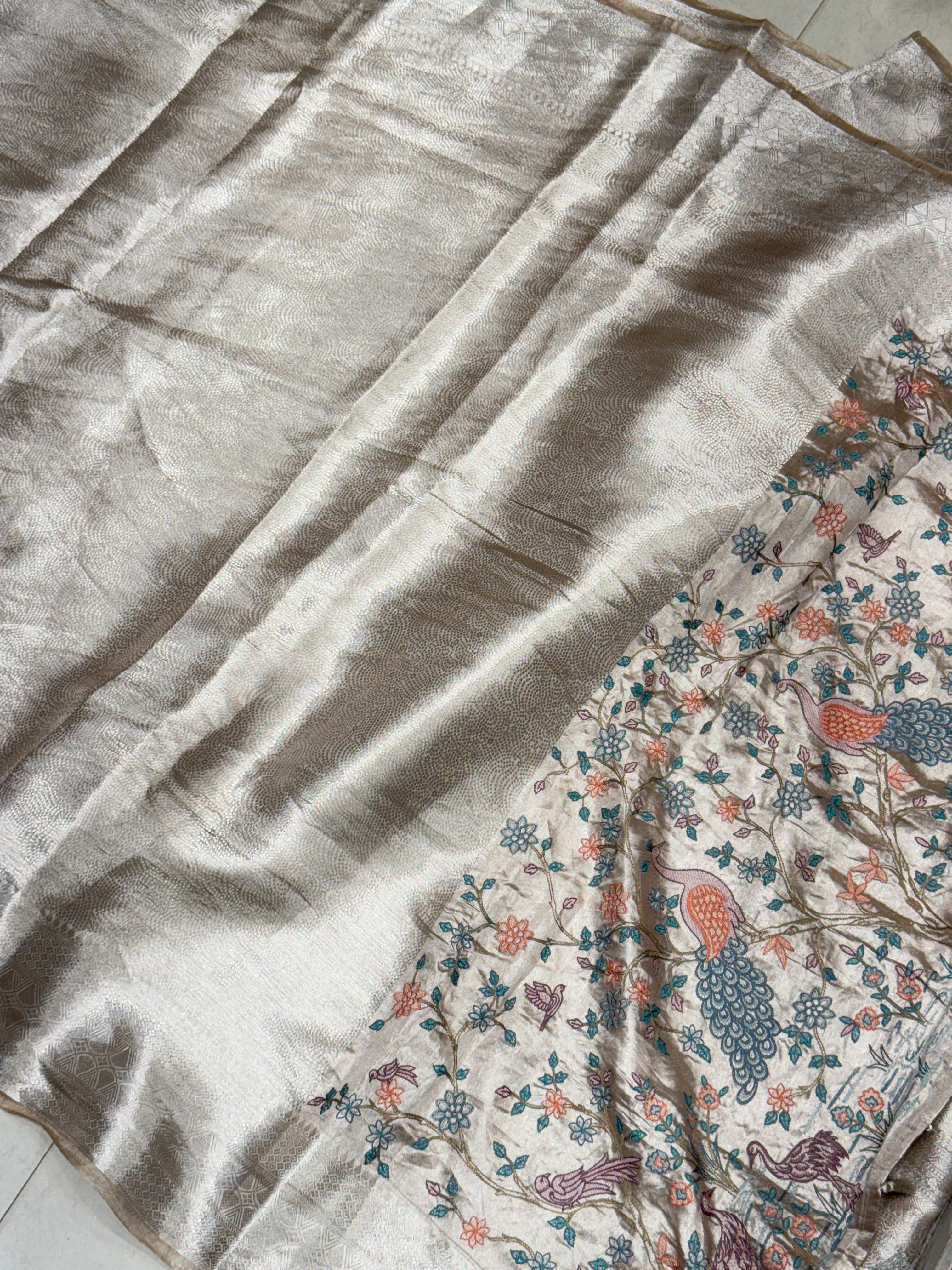Cement Silver Handloom Tissue Peacock Contemporary Resham Embroidery Saree