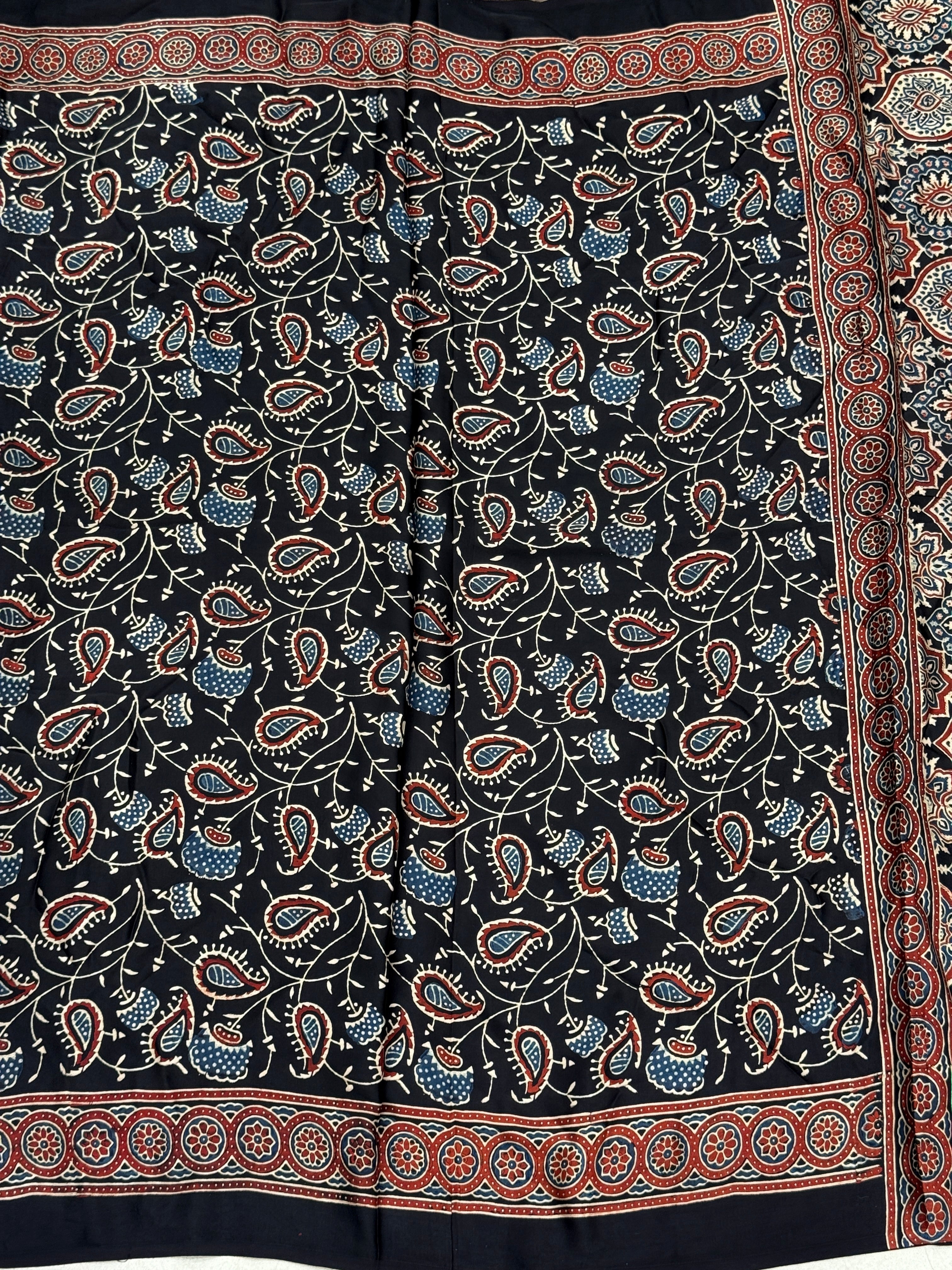 Black Keari Jaal Ajrakh Hand Block Print Pure Gajji Silk Saree