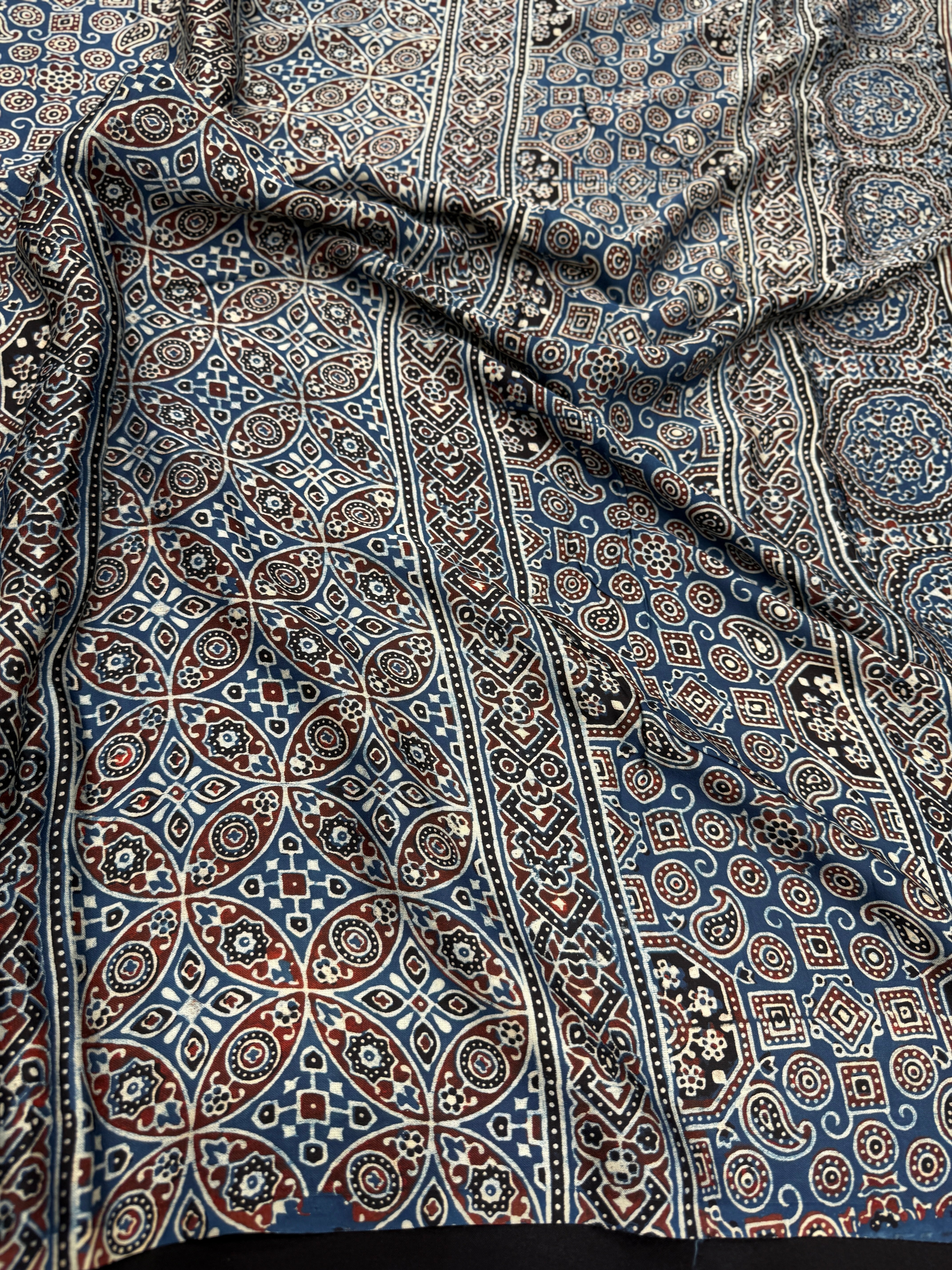 Blue Zig Zag Jaal Ajrakh Block Print Hand Pure Gajji Silk Saree