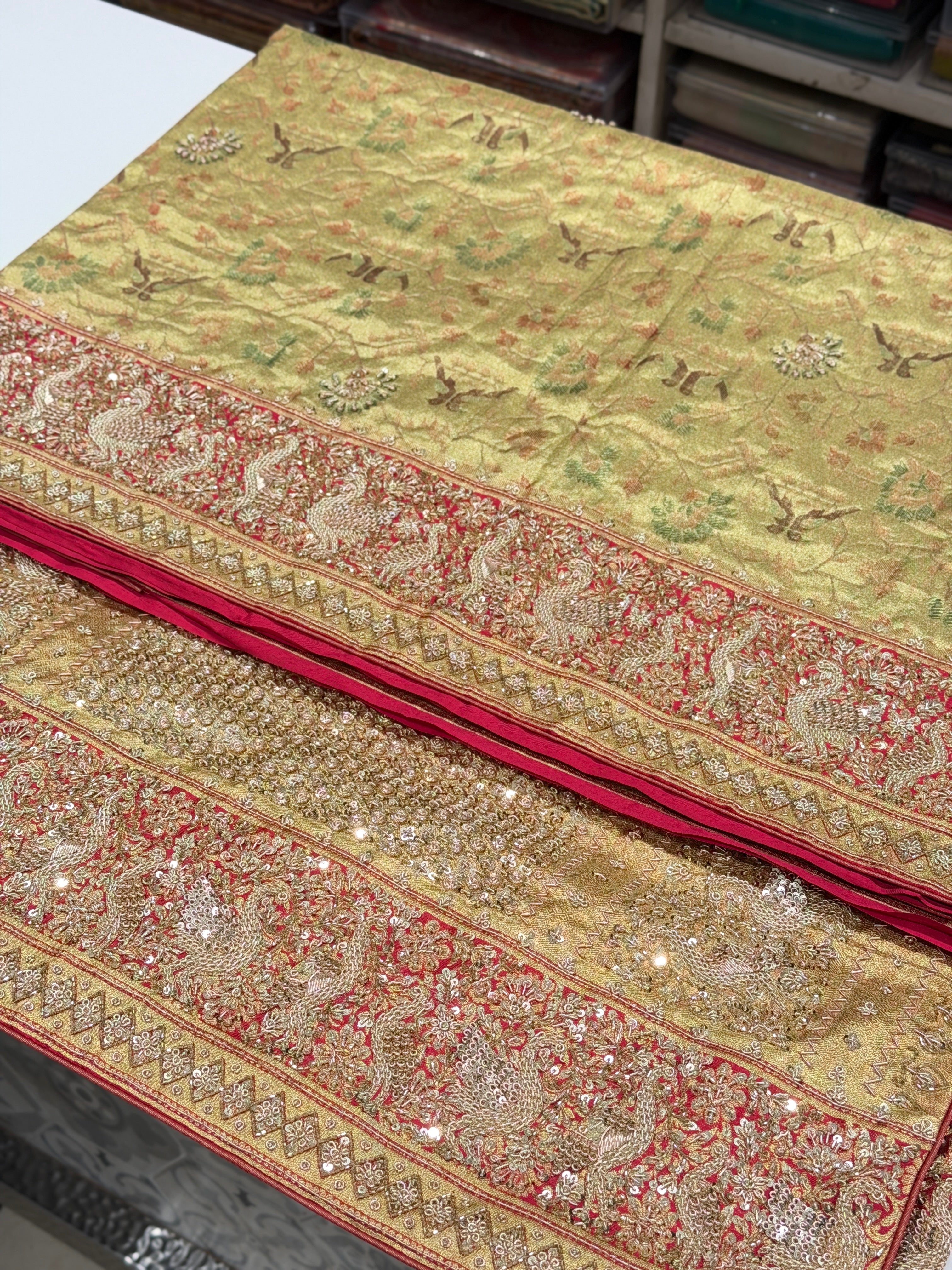 Pista Green Tissue Kanjivaram Paithani Style Zardosi Hand Embroidery Saree