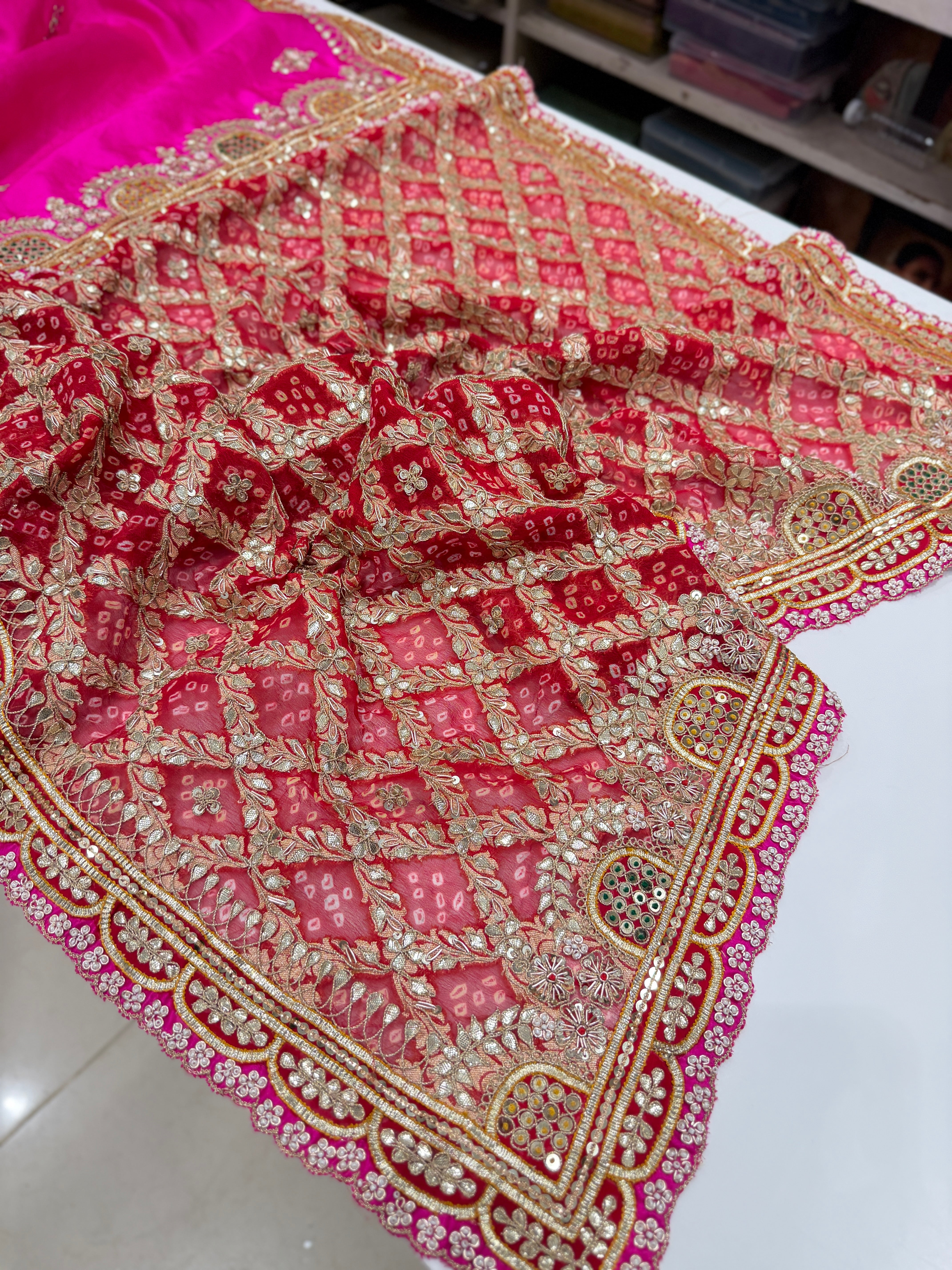 Rani Pink Pure Silk Bandhej Marodi Hand Embroidery Saree