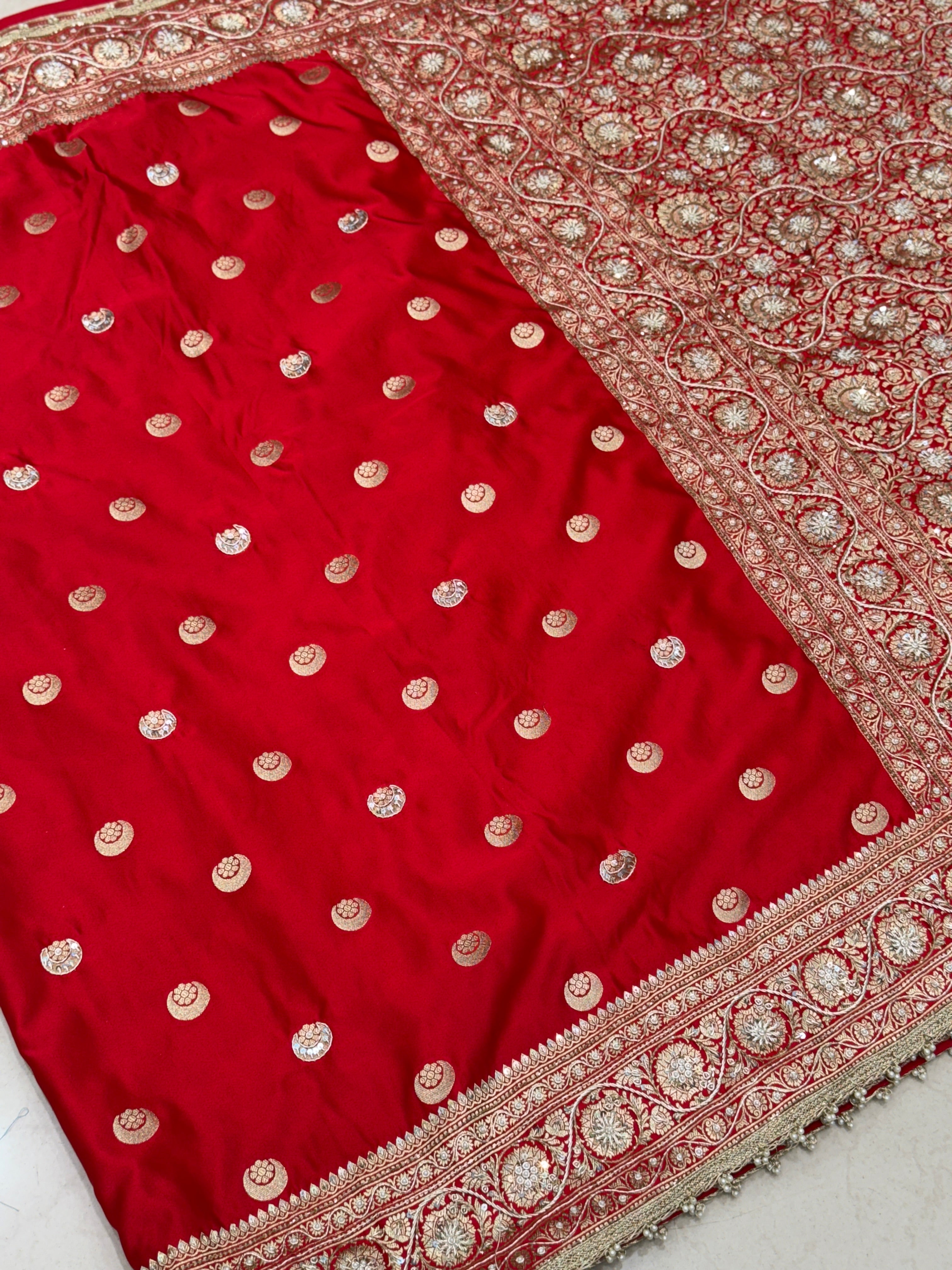Red Banarasi Chand Buttis Zardosi Hand Embroidery Saree