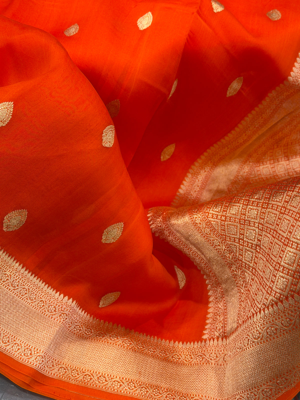 Orange Buttis Handloom Banarasi Kora Silk Saree