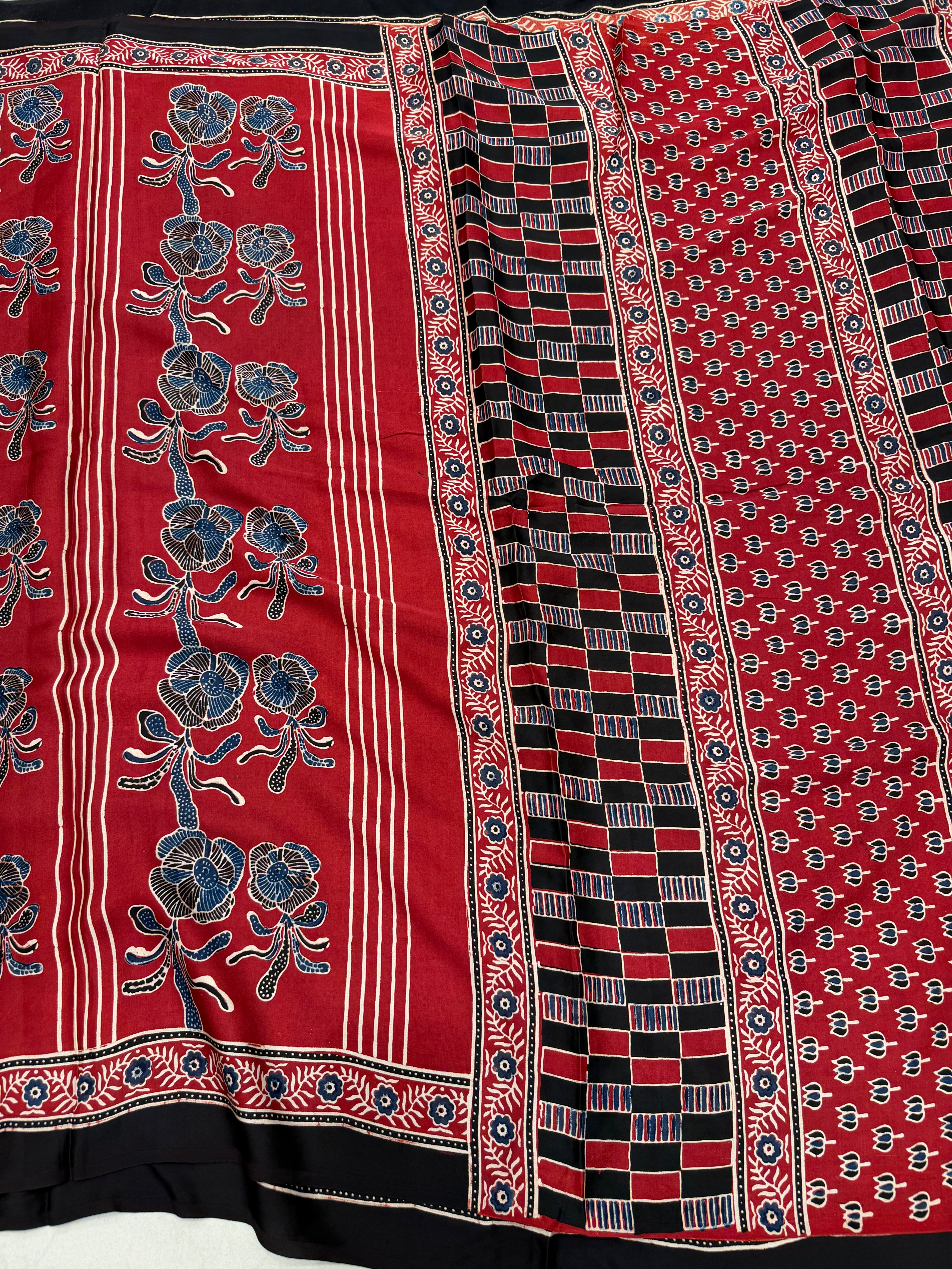 Red Rose Contemporary Ajrakh Block Print Hand Pure Gajji Silk Saree