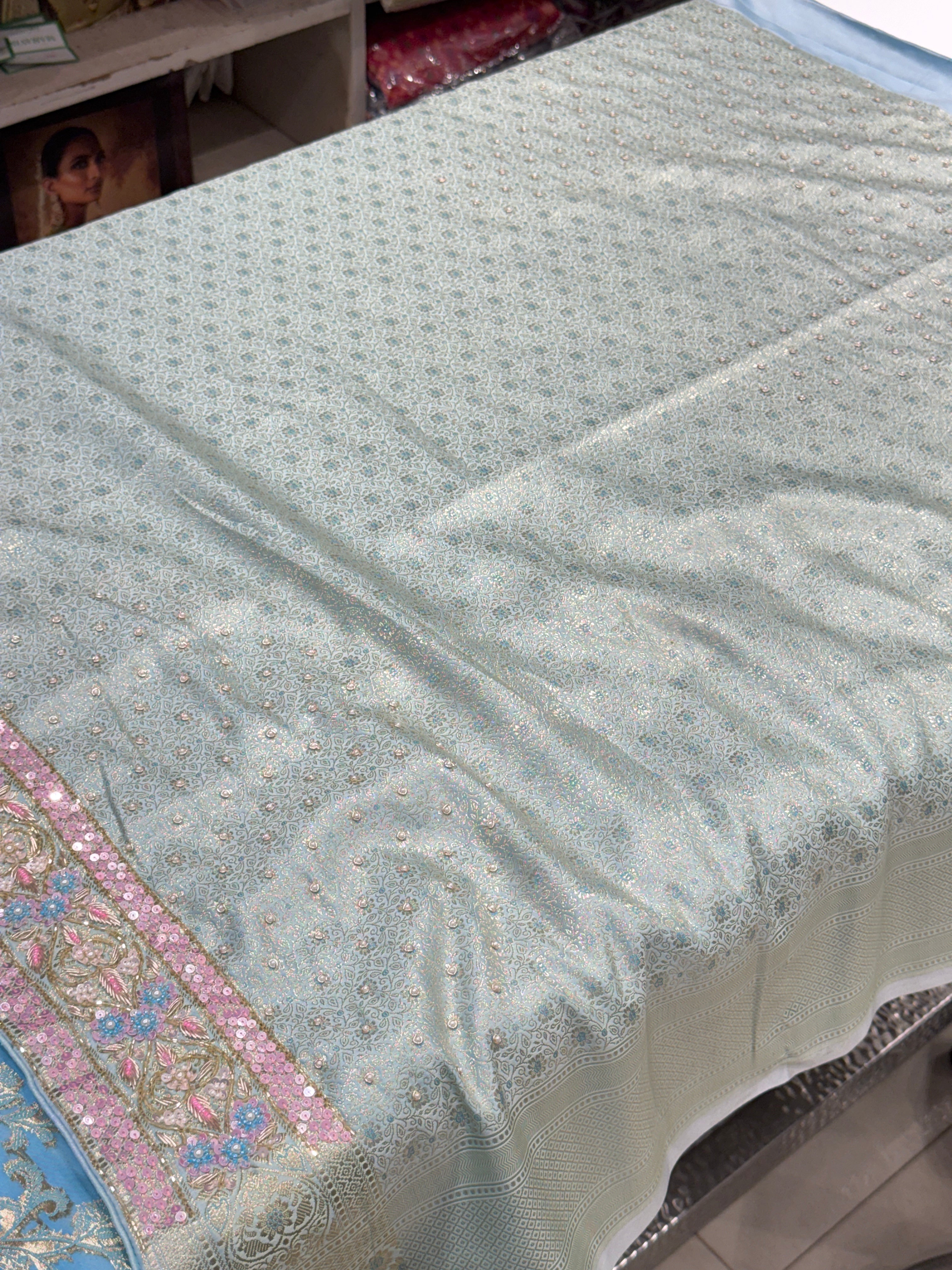 Light Blue Banarasi Small Jaal Fancy Embroidery Saree