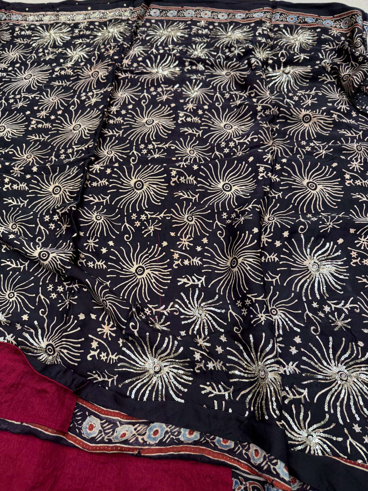 Black Dot Buttas Ajrakh Sequin Moti Hand Embroidery Saree