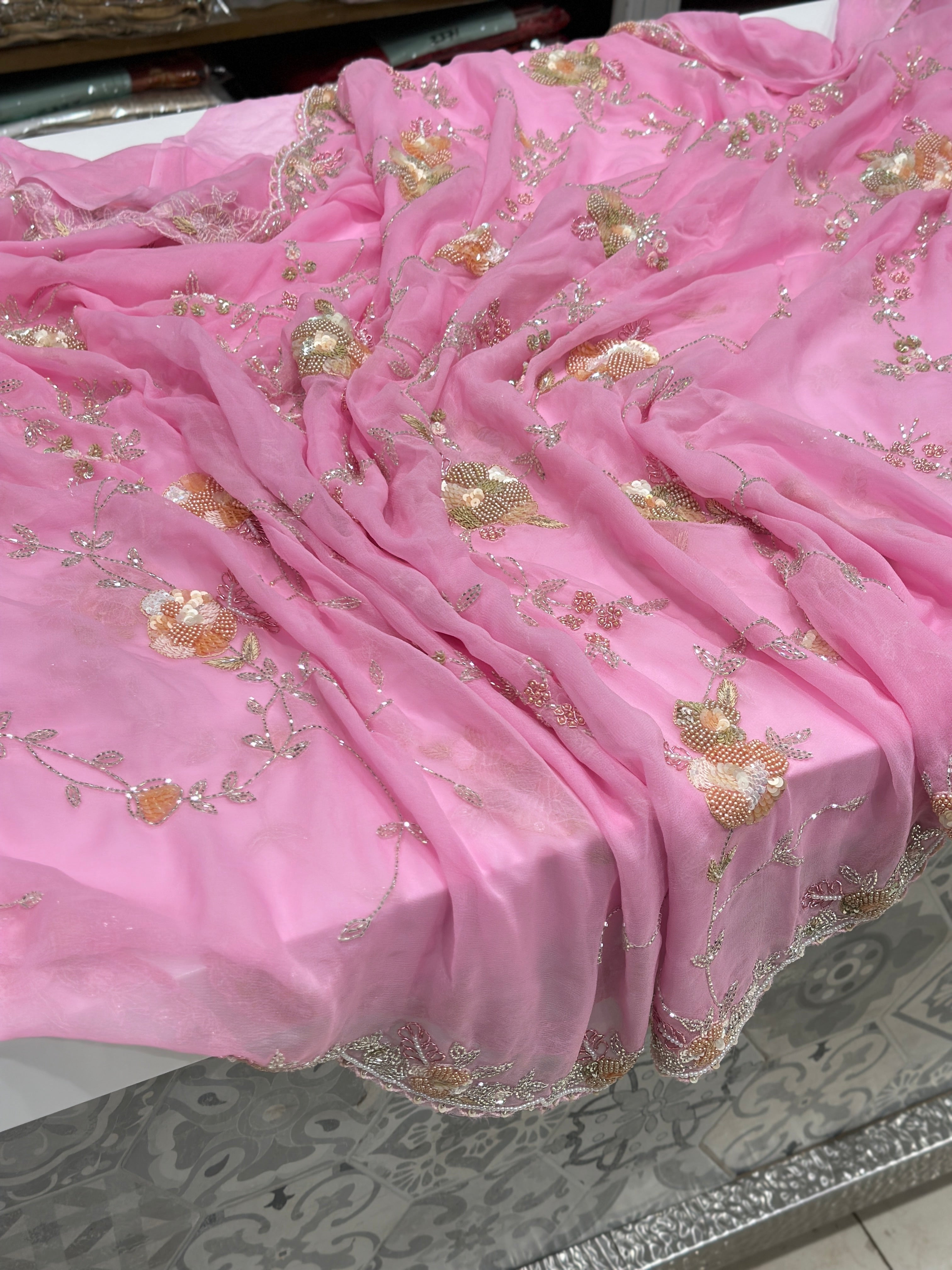 Pink Georgette Sequin Jaal Saree