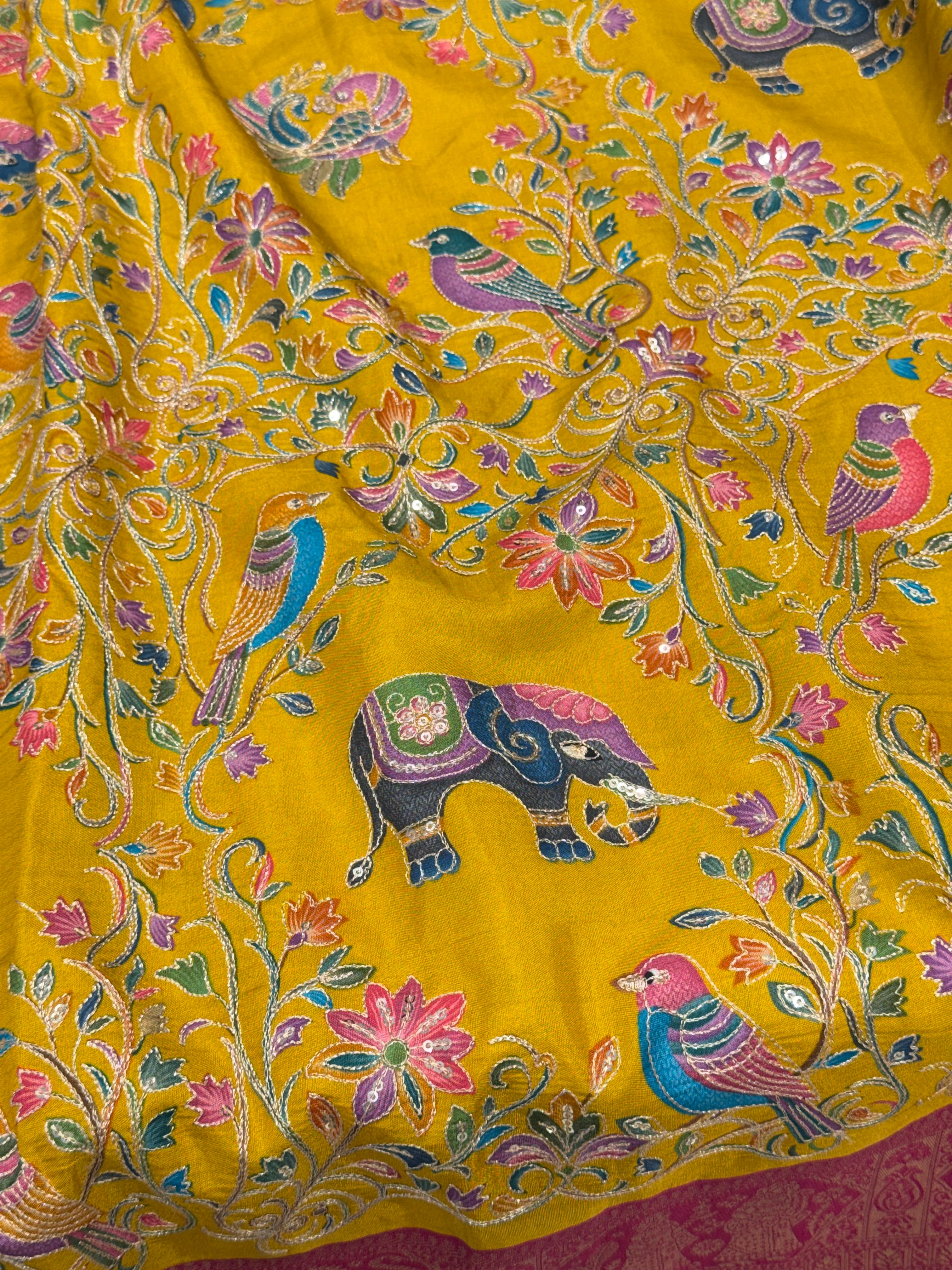 Yellow Rani Banarasi Fauna Munga Silk Saree With Pita Embroidery