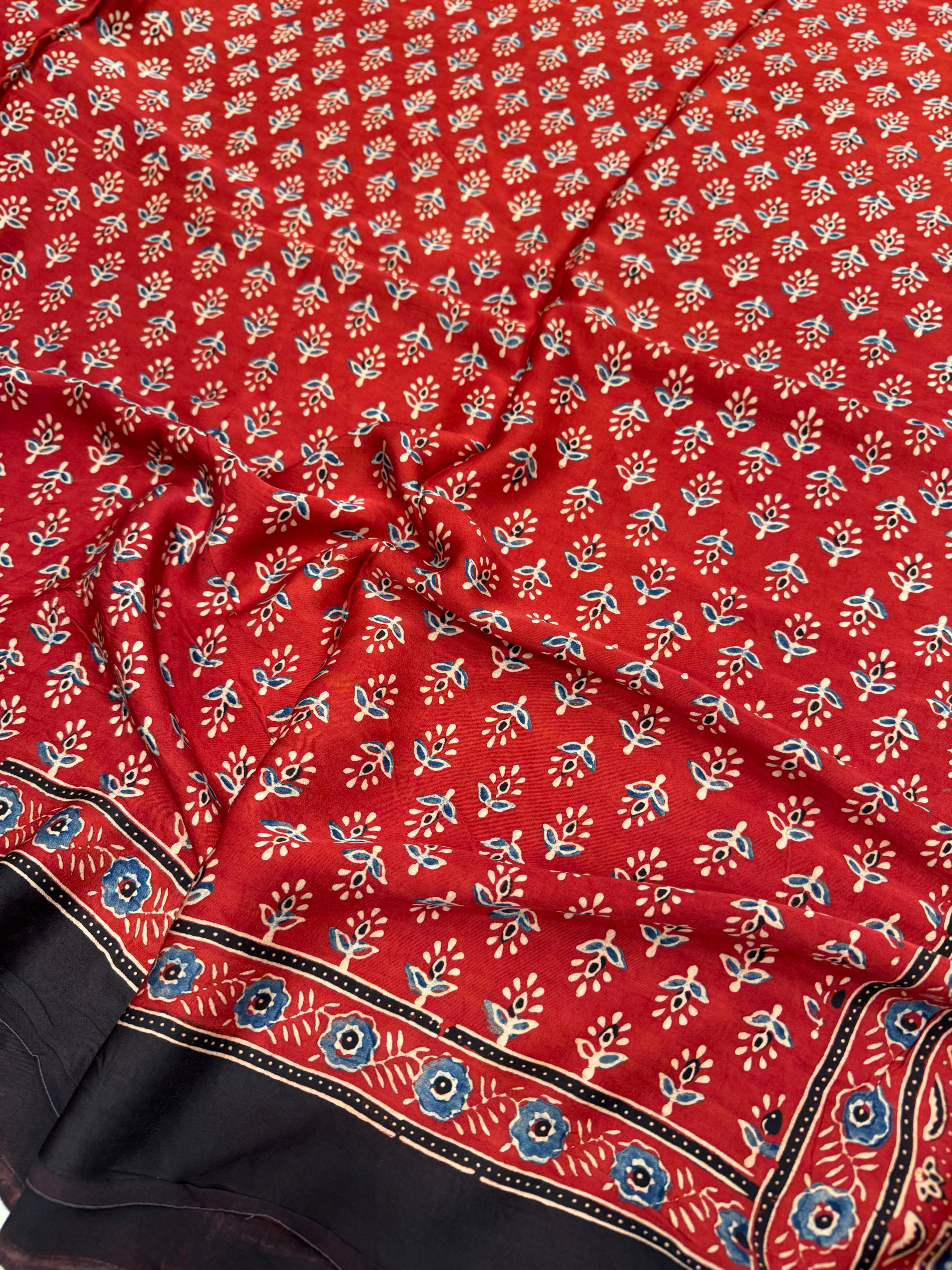 Red Buttis Ajrakh Saree Modal Gajji Silk Hand Block Print