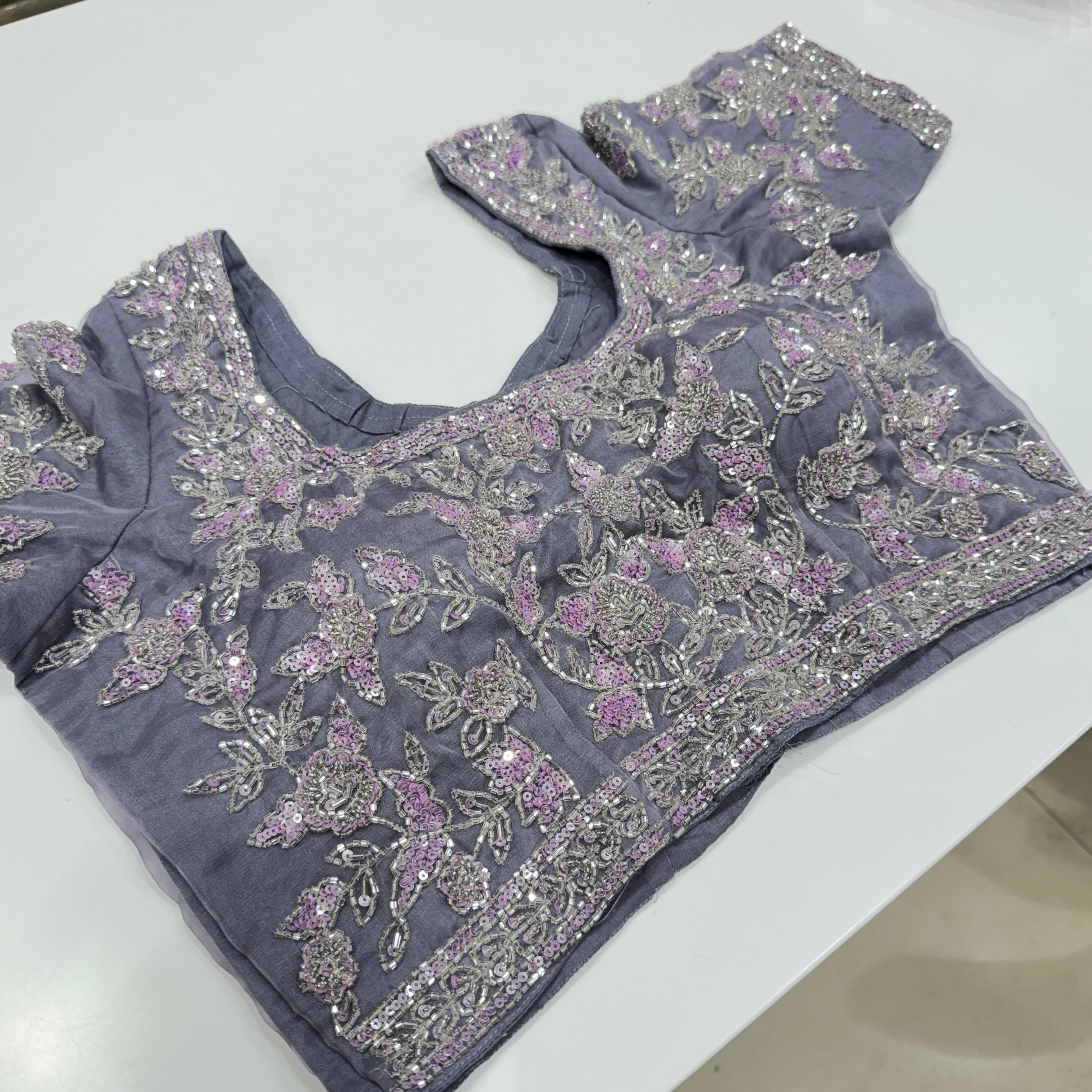 Dark Lilac Organza Hand Embroidered Ready Blouse