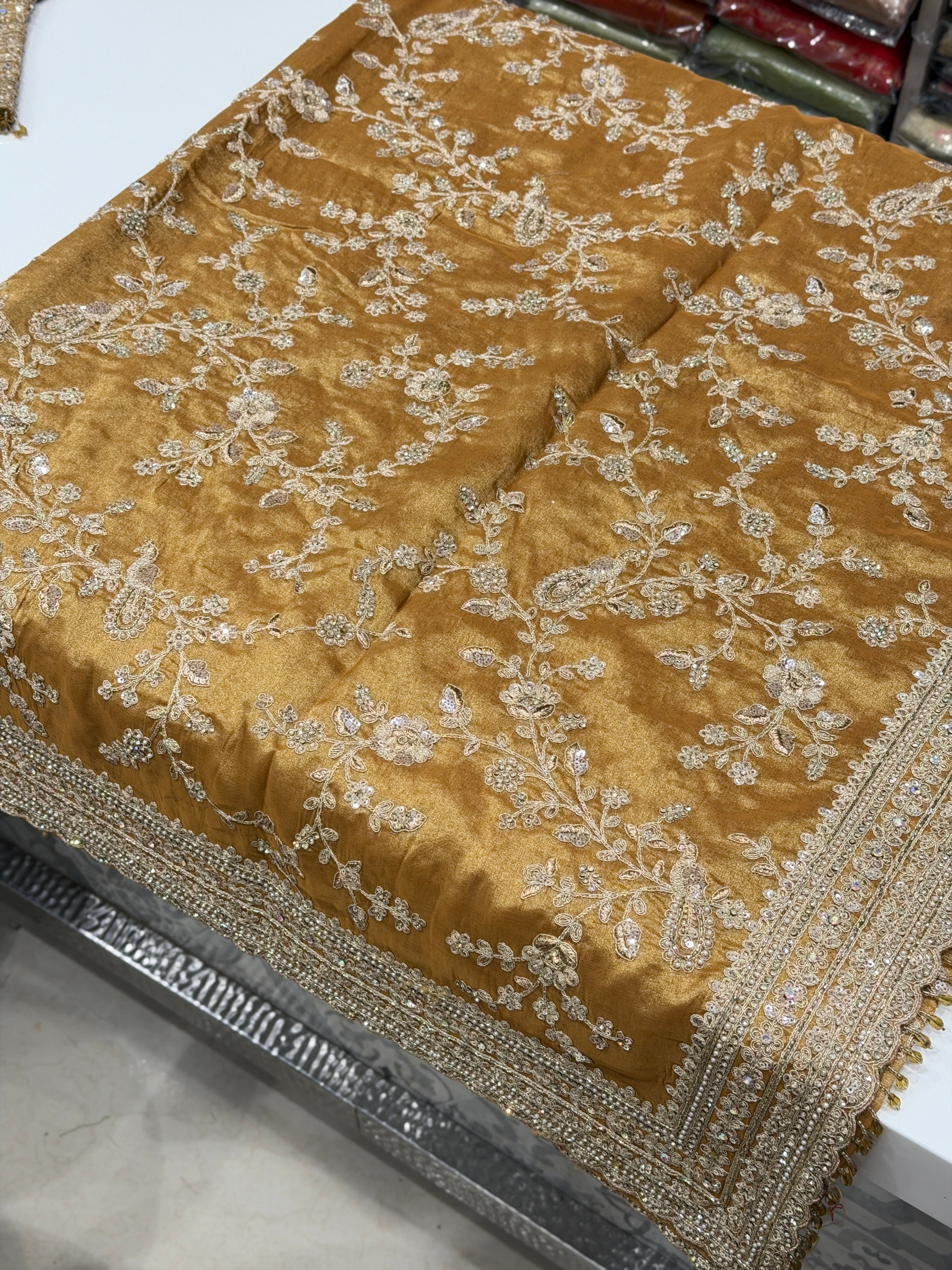 Yellow Tissue Embroidery Jaal Ready Blouse Saree