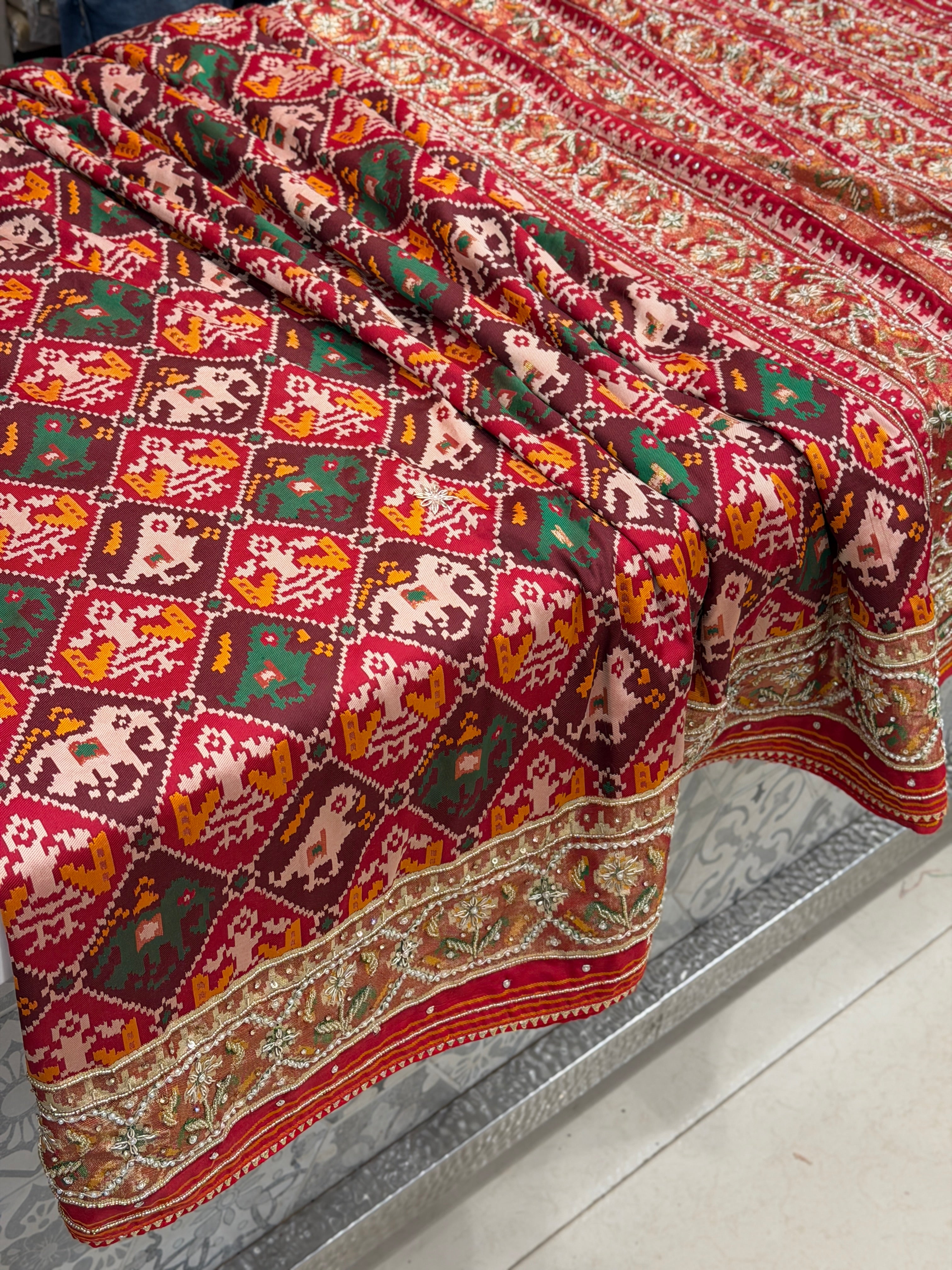 Maroon Patola Check Hand Embroidery Saree