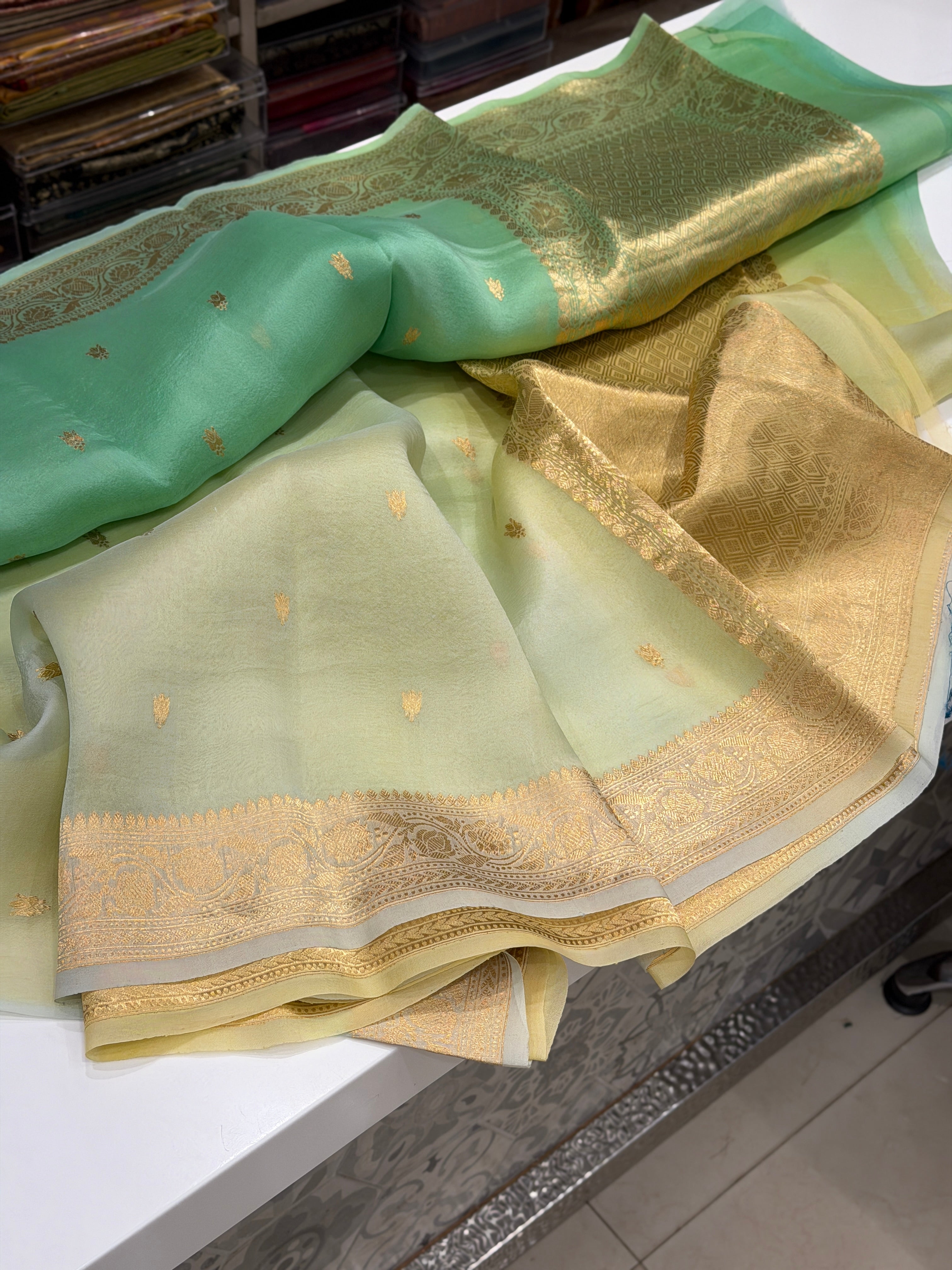 Green Shaded Banarasi Handloom Kora Saree