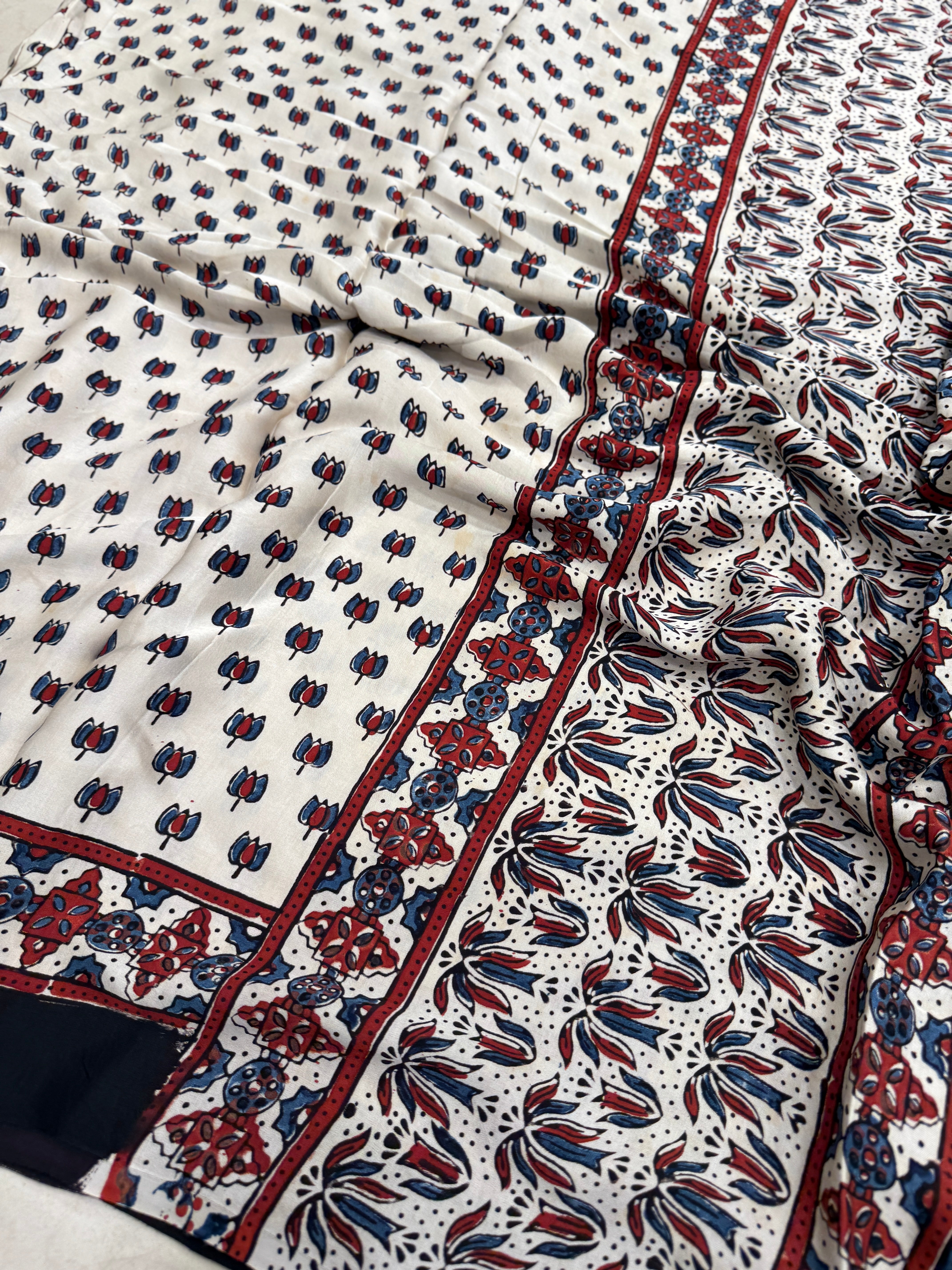 White Lotus Butts Ajrakh Modal Gajji Silk Saree