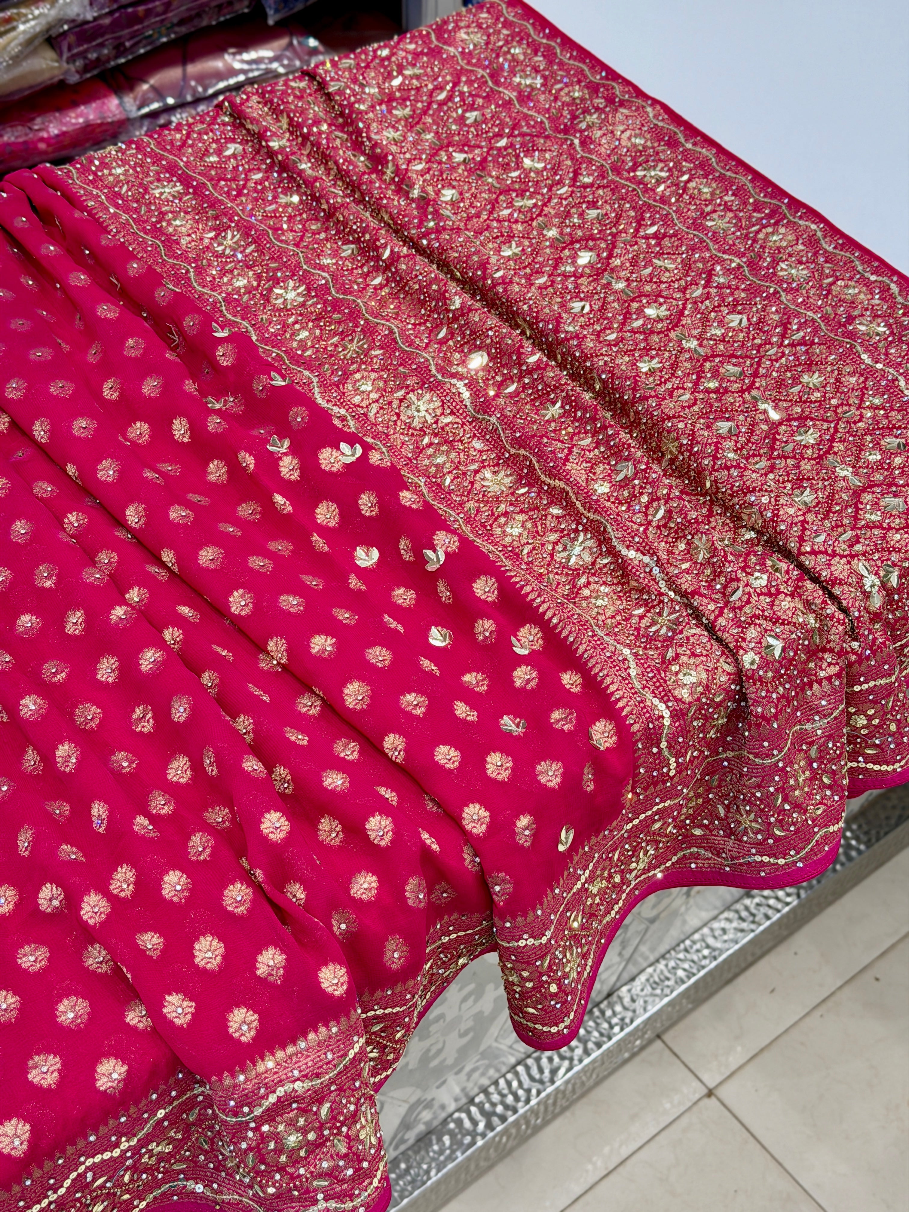 Rani Banarasi Khaddi Georgette Butti Hand Embroidery Sequin Stone Saree