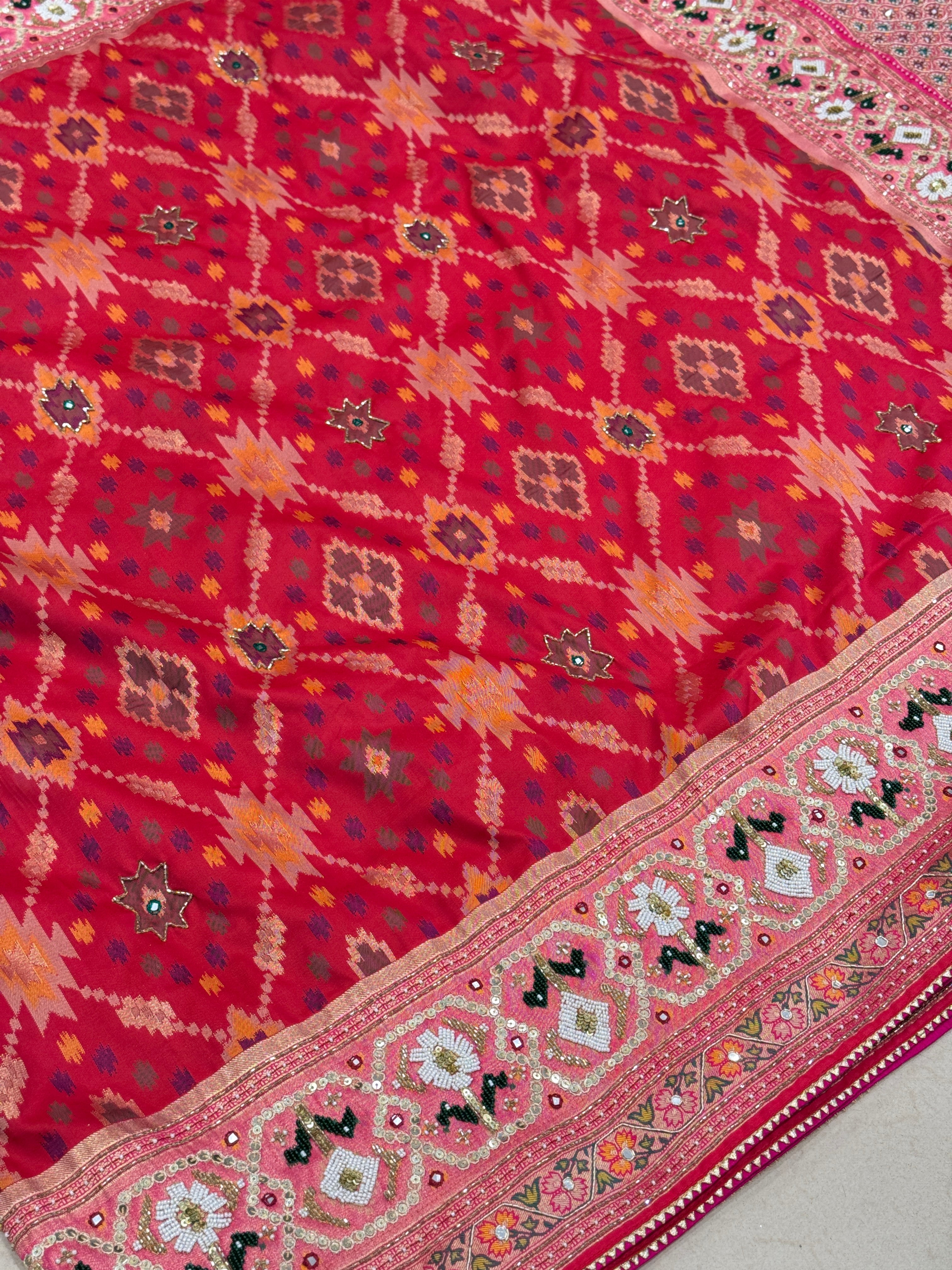 Red Patola Kutchi Moti Embroidery Saree