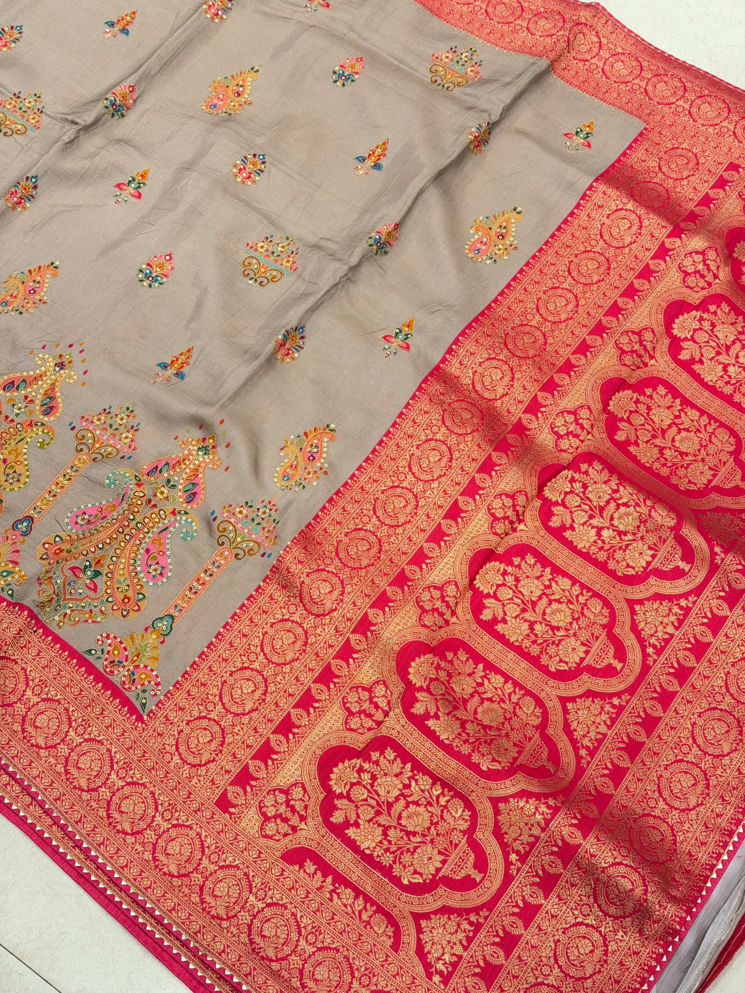 Grey Contemporary Banarasi Munga Pita Embroidery Saree