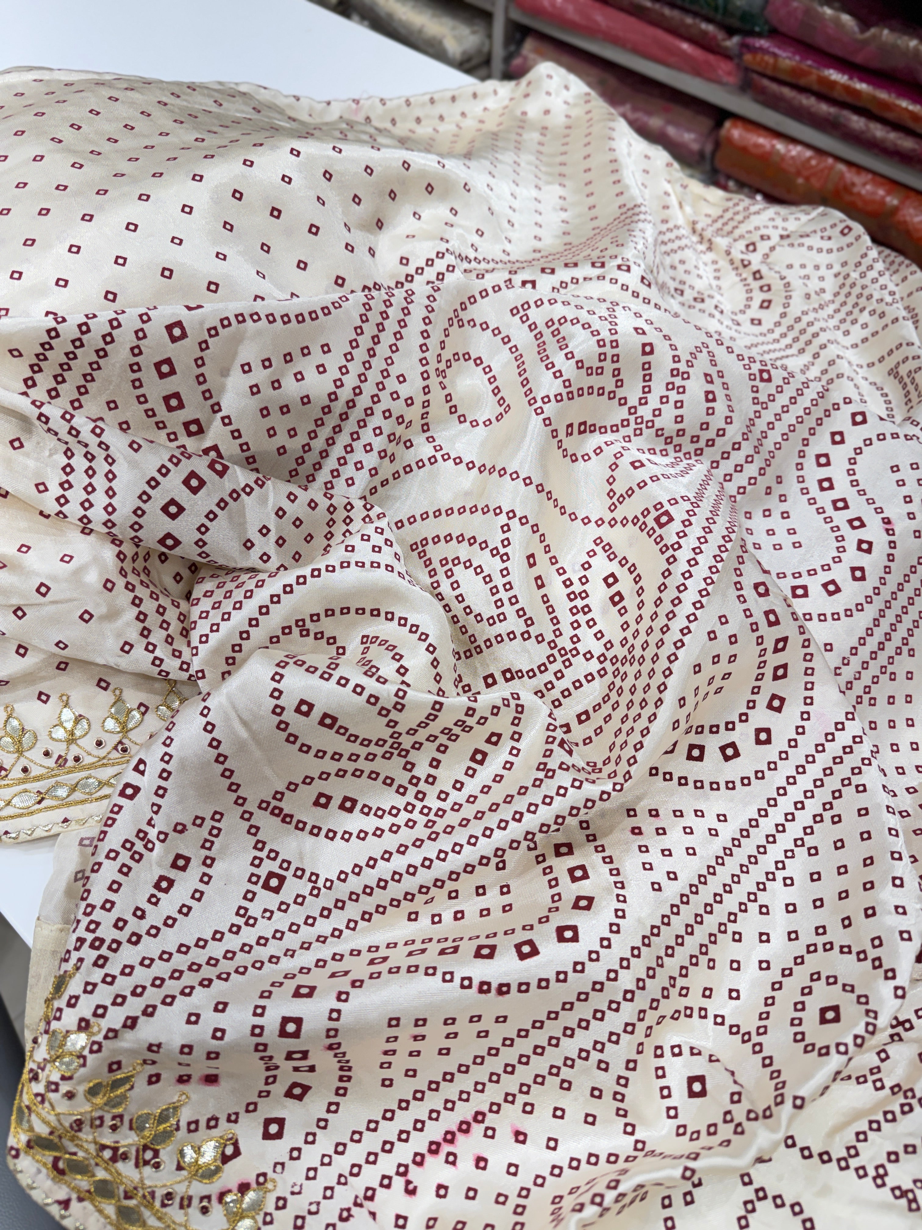 Moti White Gajji Silk Bandhej Print Hand Embroidery Gotapatti Work Saree